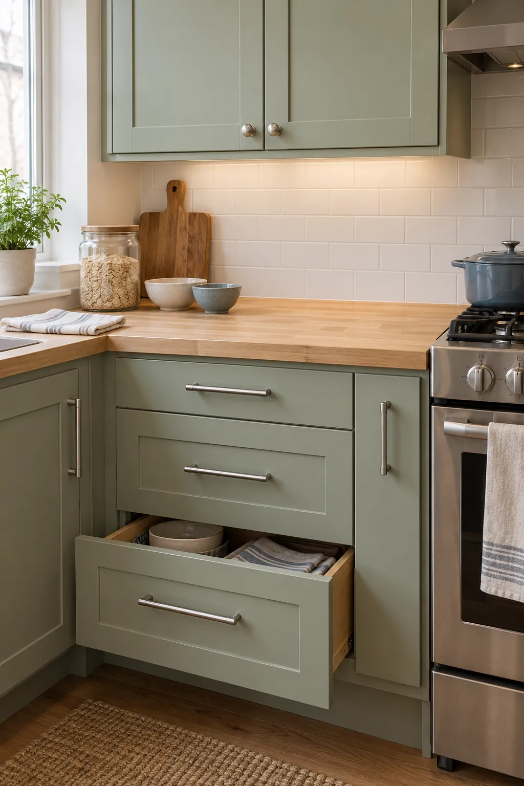 Coordinated cabinet knobs and pulls installed on a practical kitchen