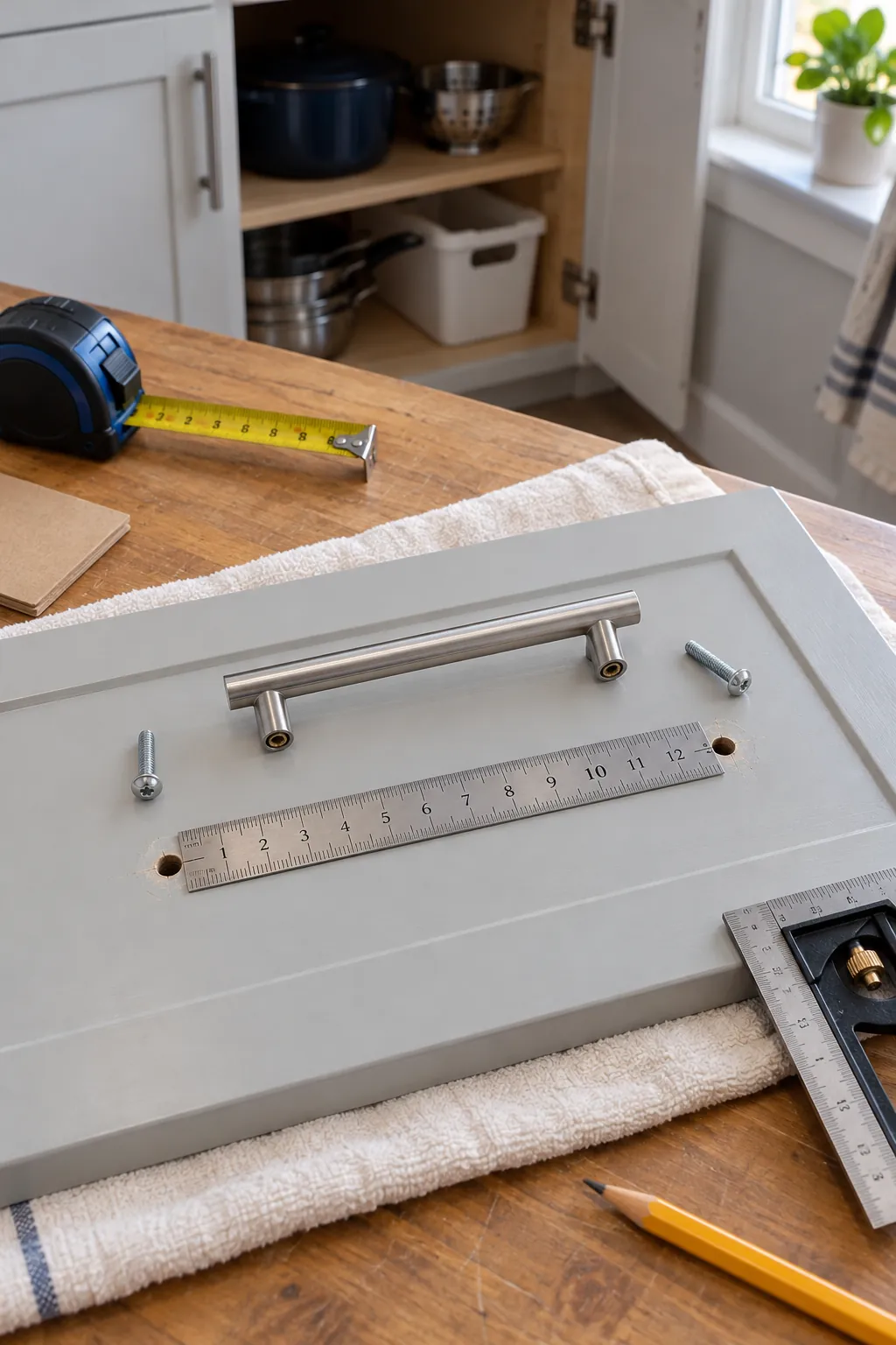 Tape measure showing center to center spacing on a removed cabinet pull