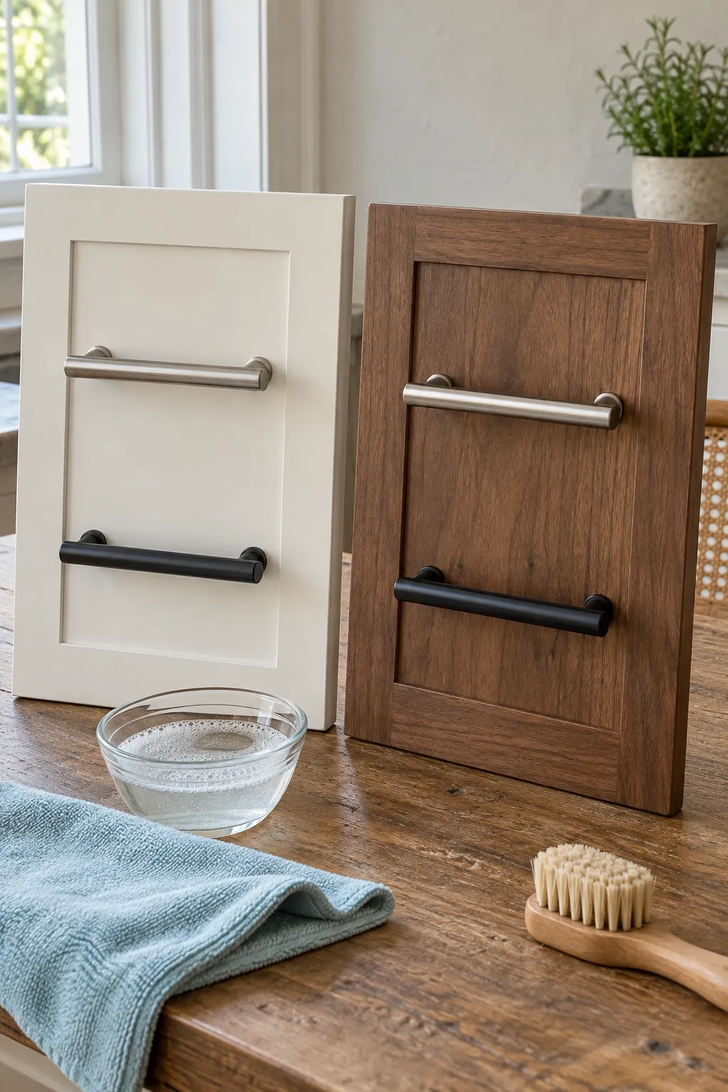 Brushed nickel and matte black cabinet pulls compared in natural kitchen light