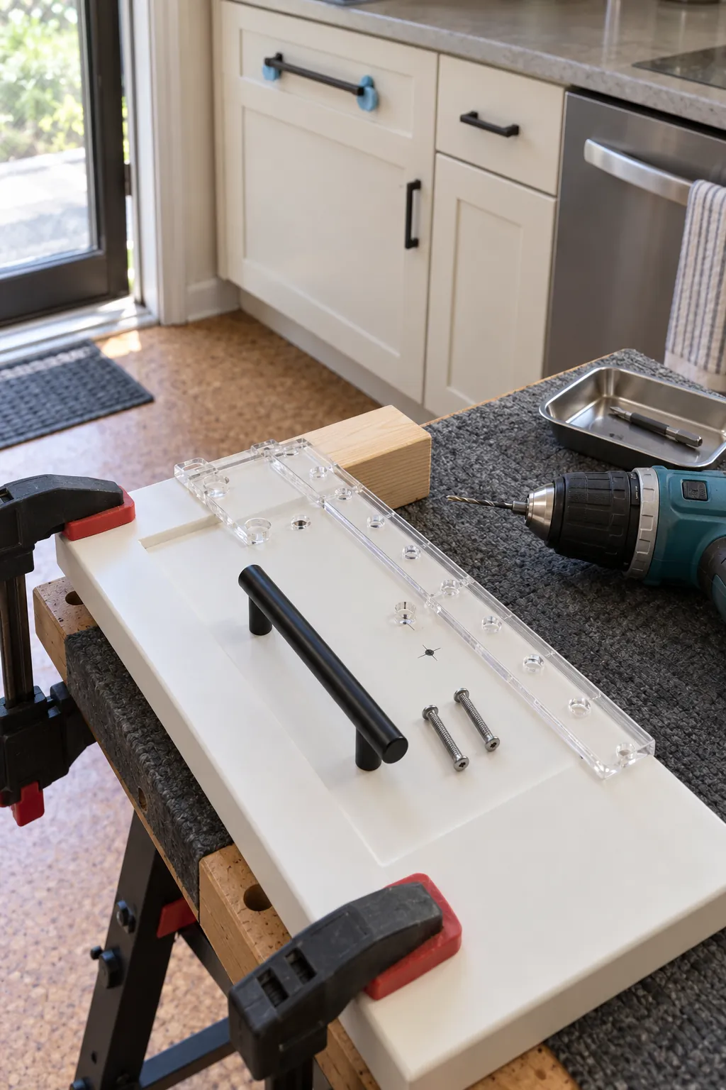 Cabinet hardware drilling template aligned on a shaker drawer front