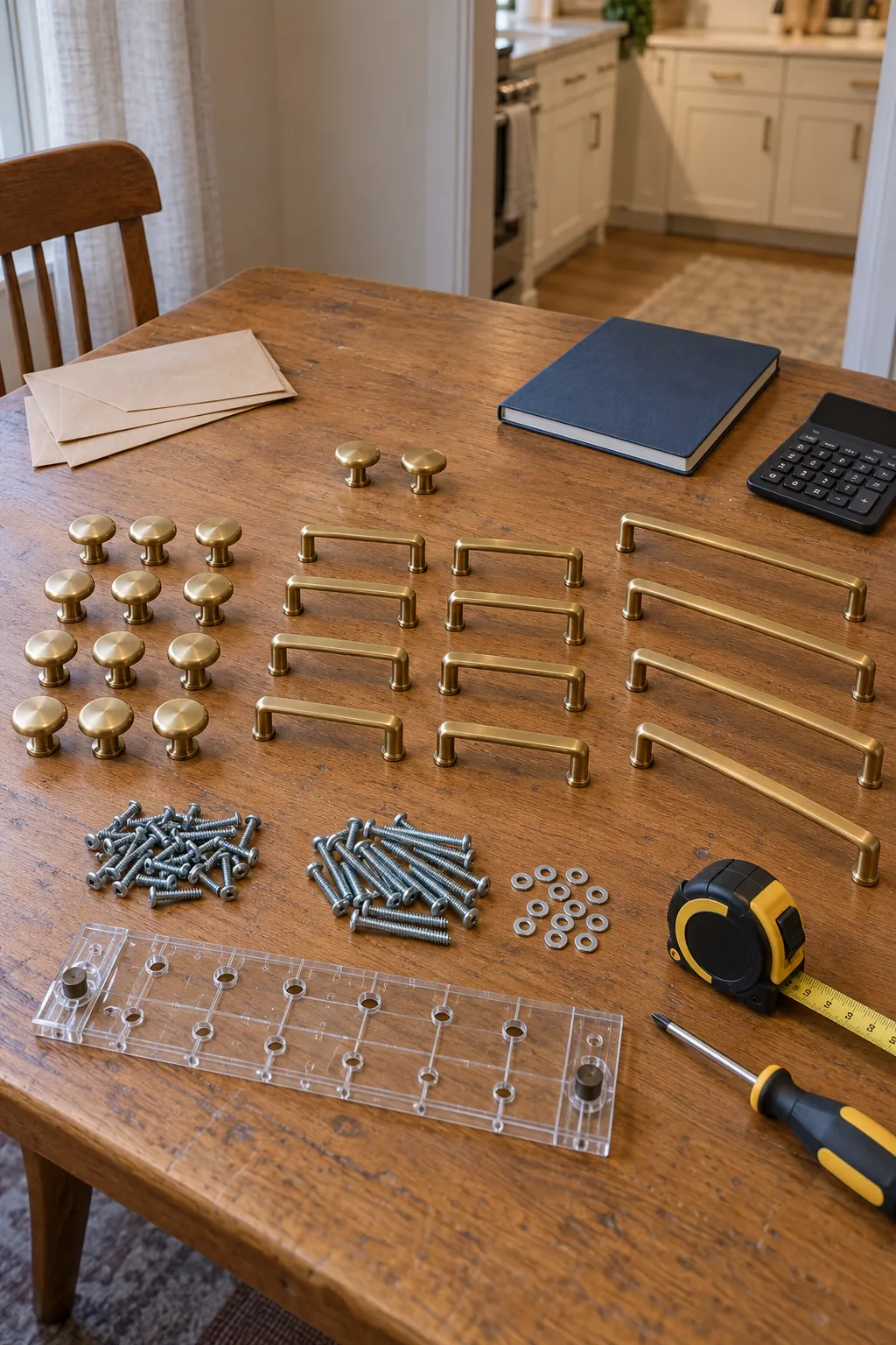 Complete budget cabinet hardware set arranged for an accurate cost count