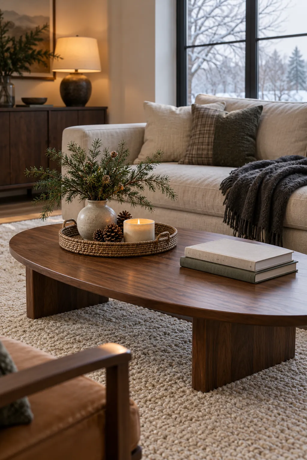 Cozy winter coffee table with evergreen stems, candlelight, and natural textures