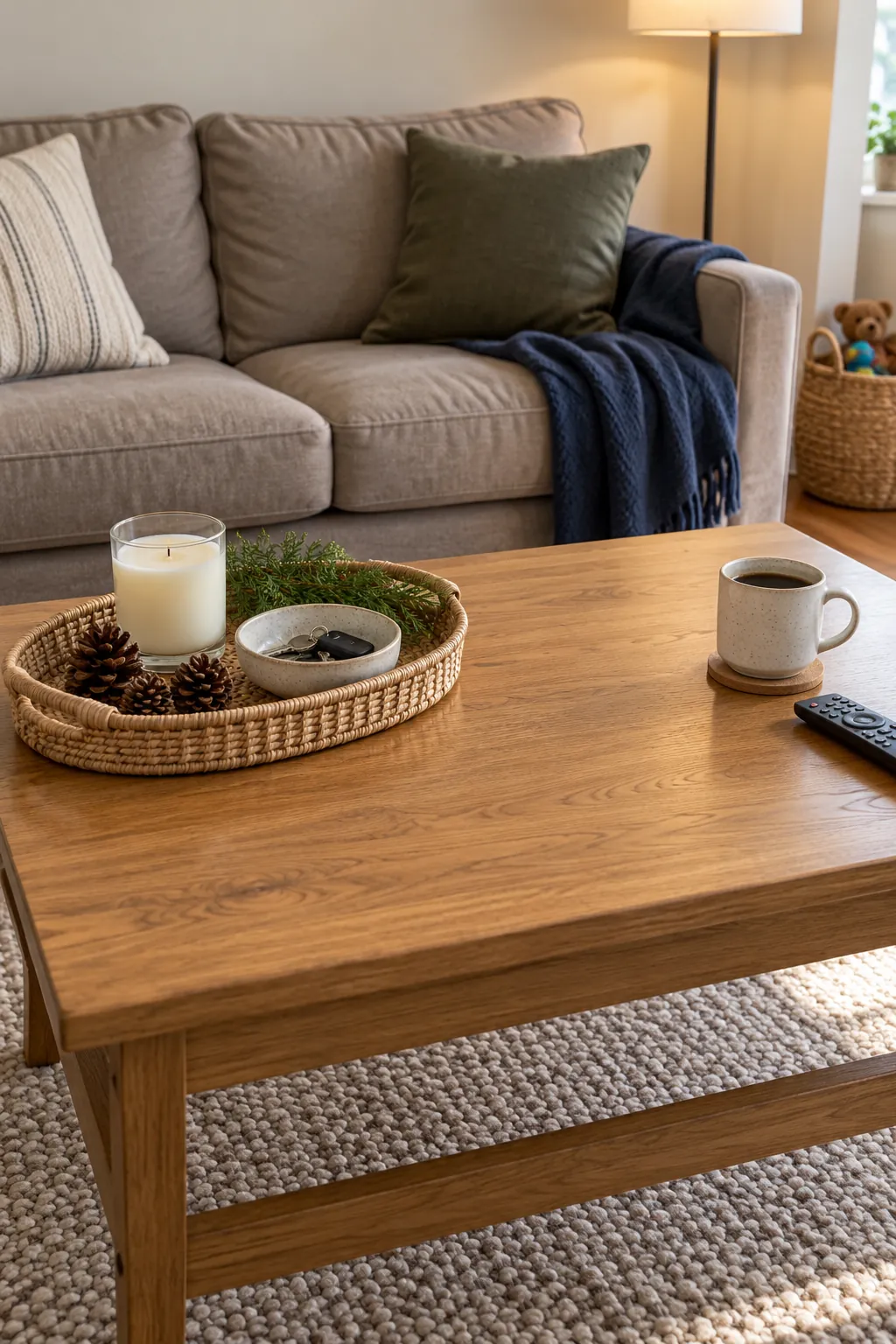 Woven tray with a candle, pinecones, and ceramic bowl on a winter coffee table