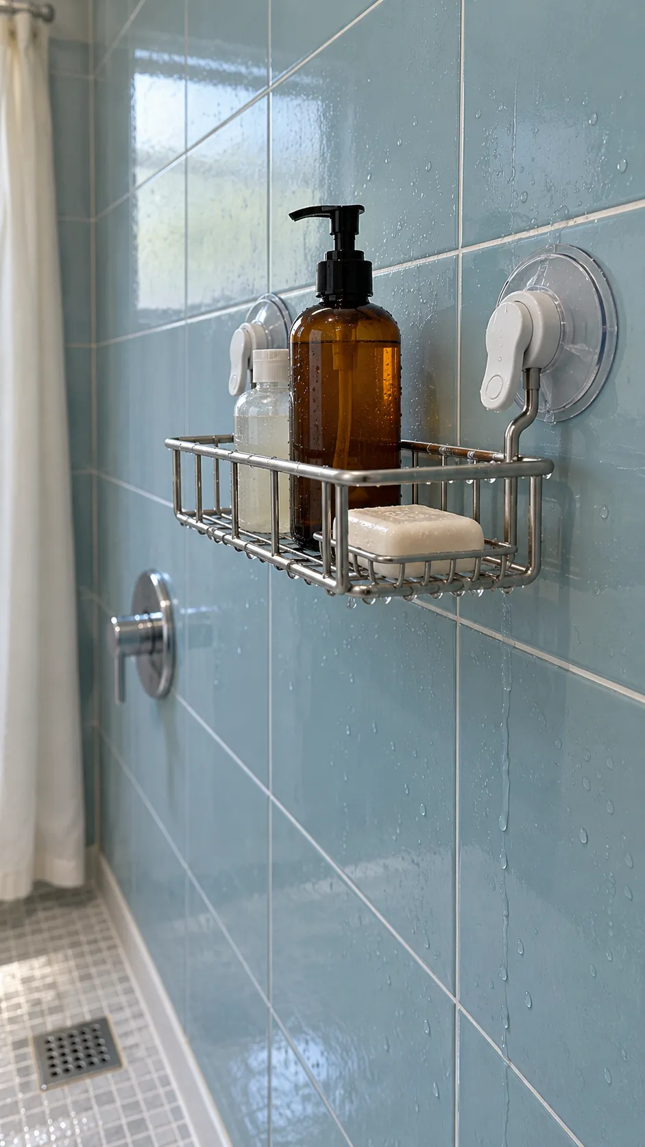 Locking suction cup shower shelf mounted on smooth bathroom tile