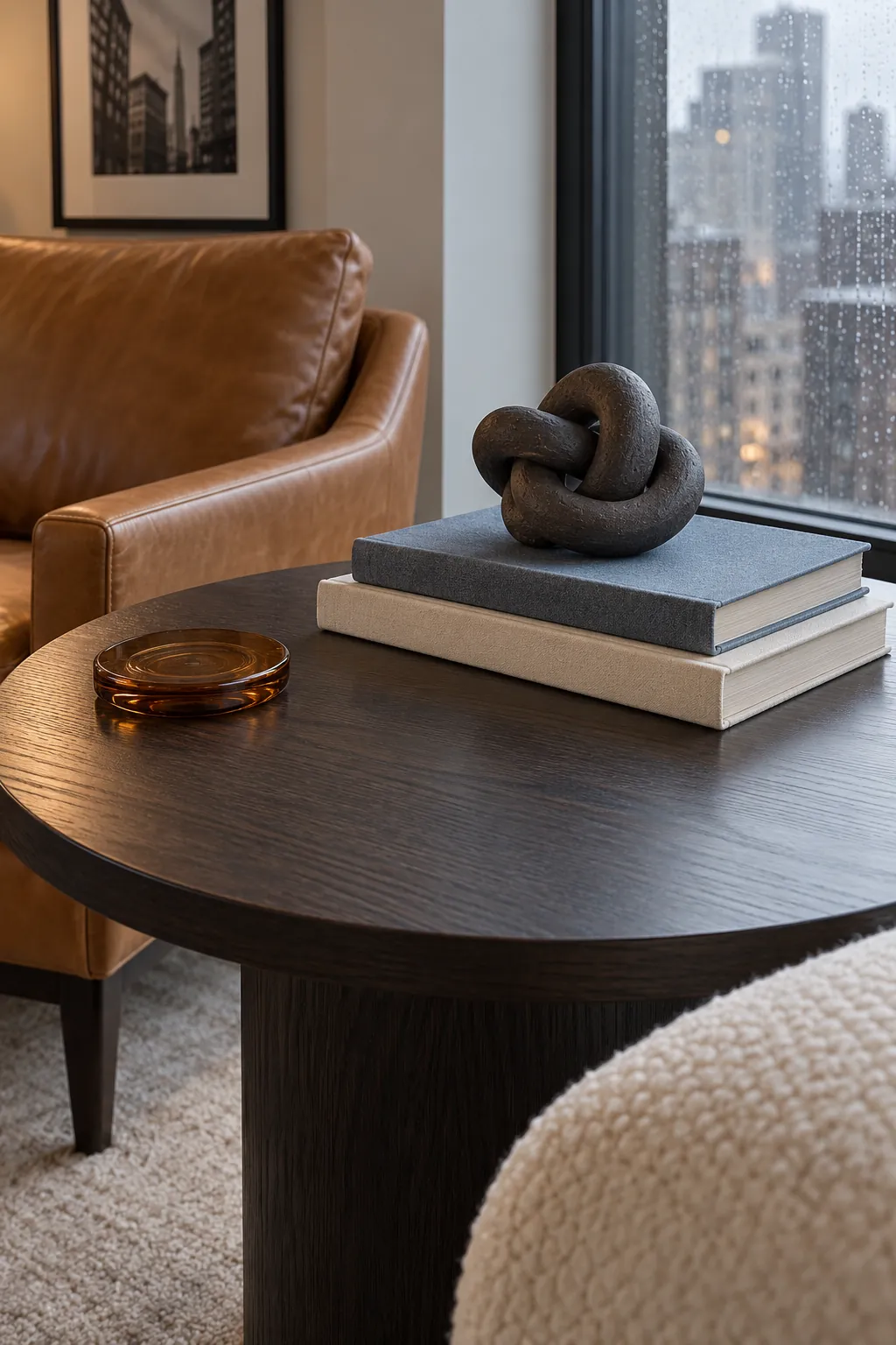 Neutral coffee table books topped with a handmade ceramic object for winter styling
