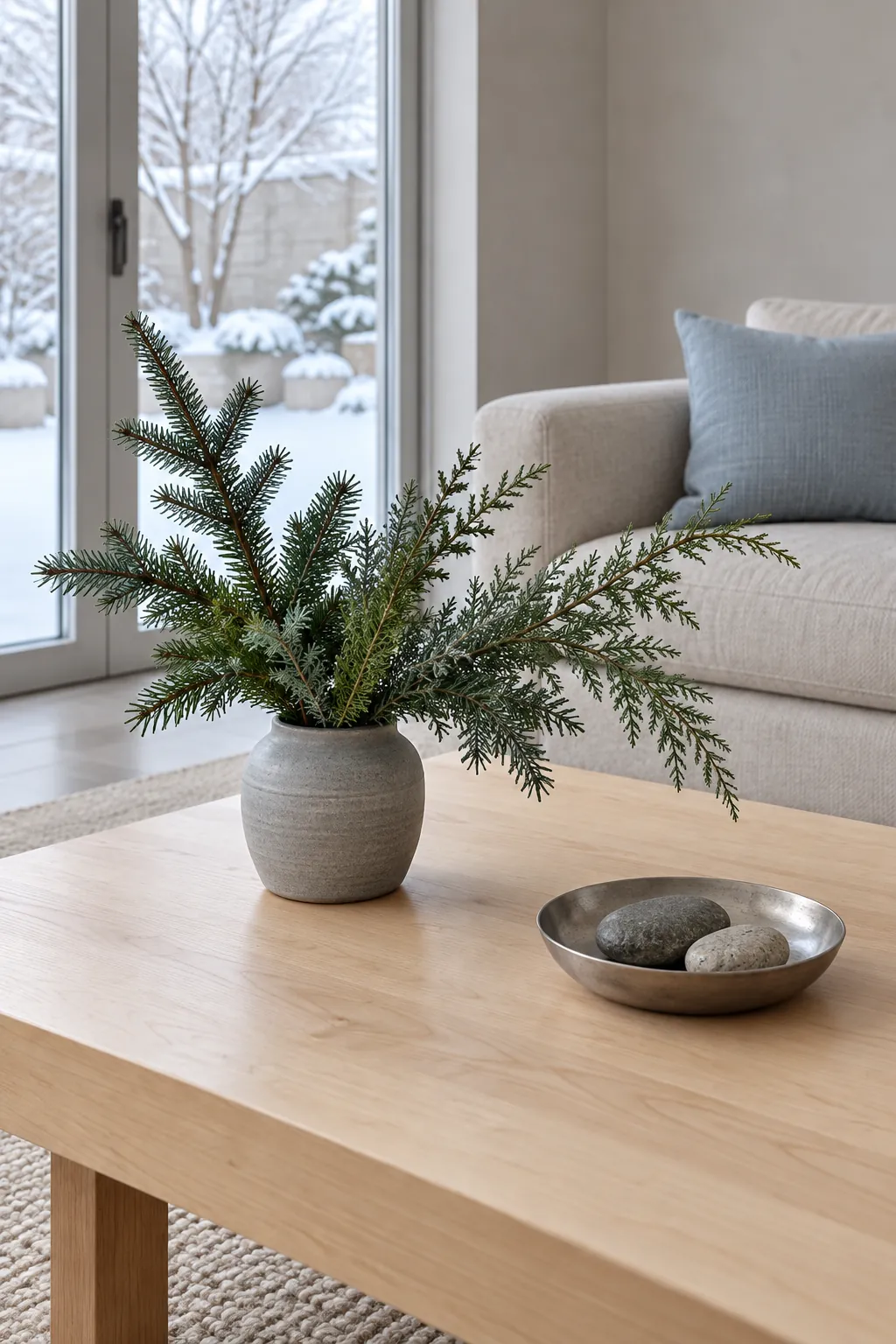 Simple evergreen stems in a stoneware vase on a calm winter coffee table