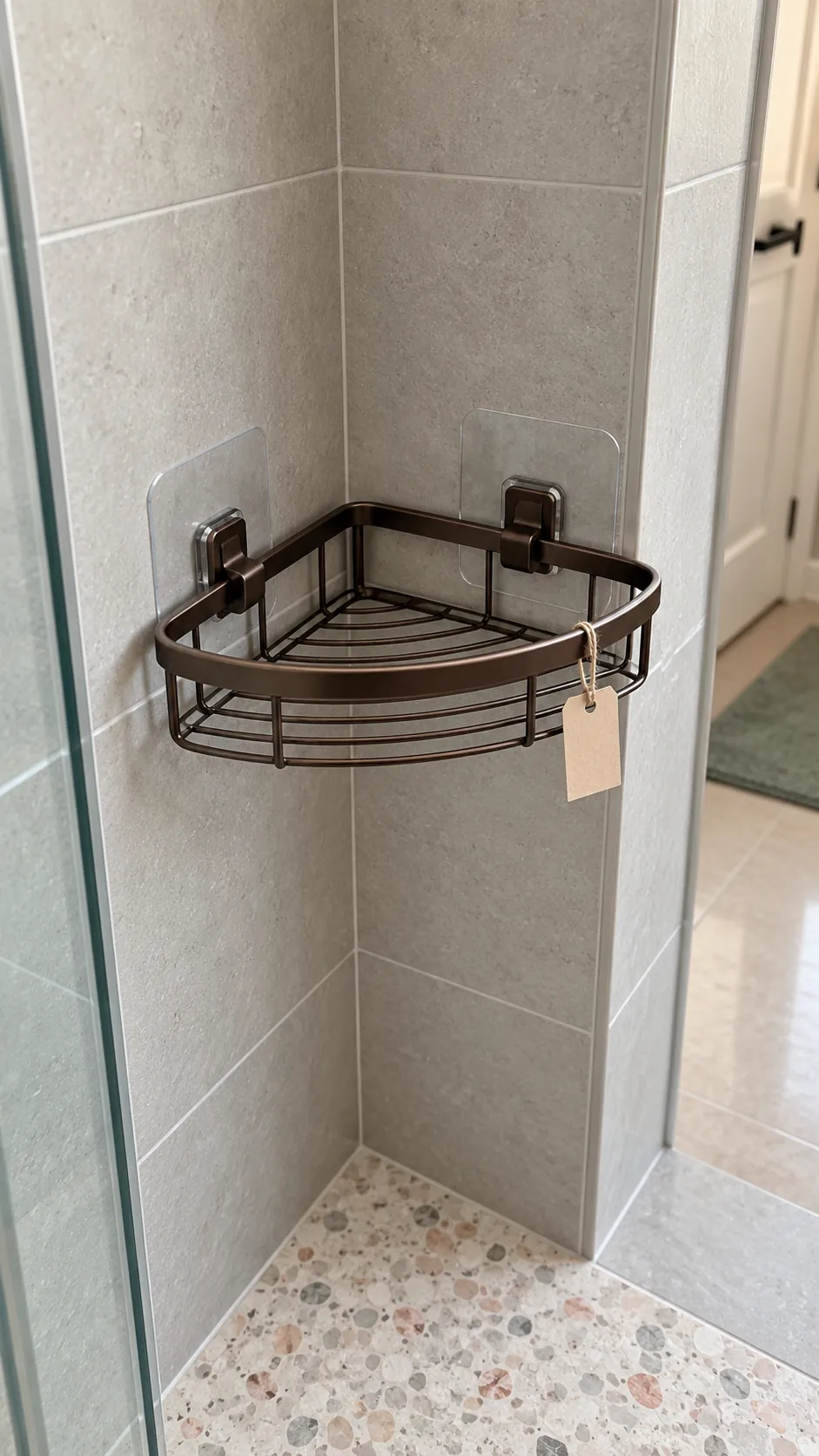 Adhesive shower shelf with broad mounting pads on clean tile