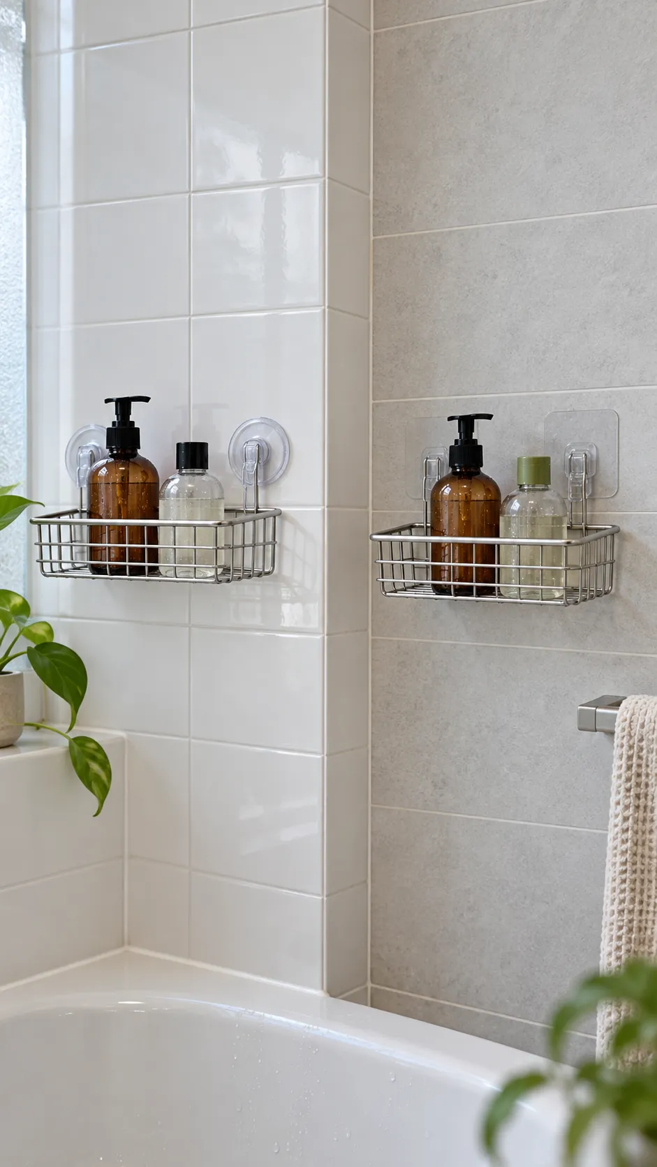 Suction cup and adhesive bathroom shelves compared on tile walls