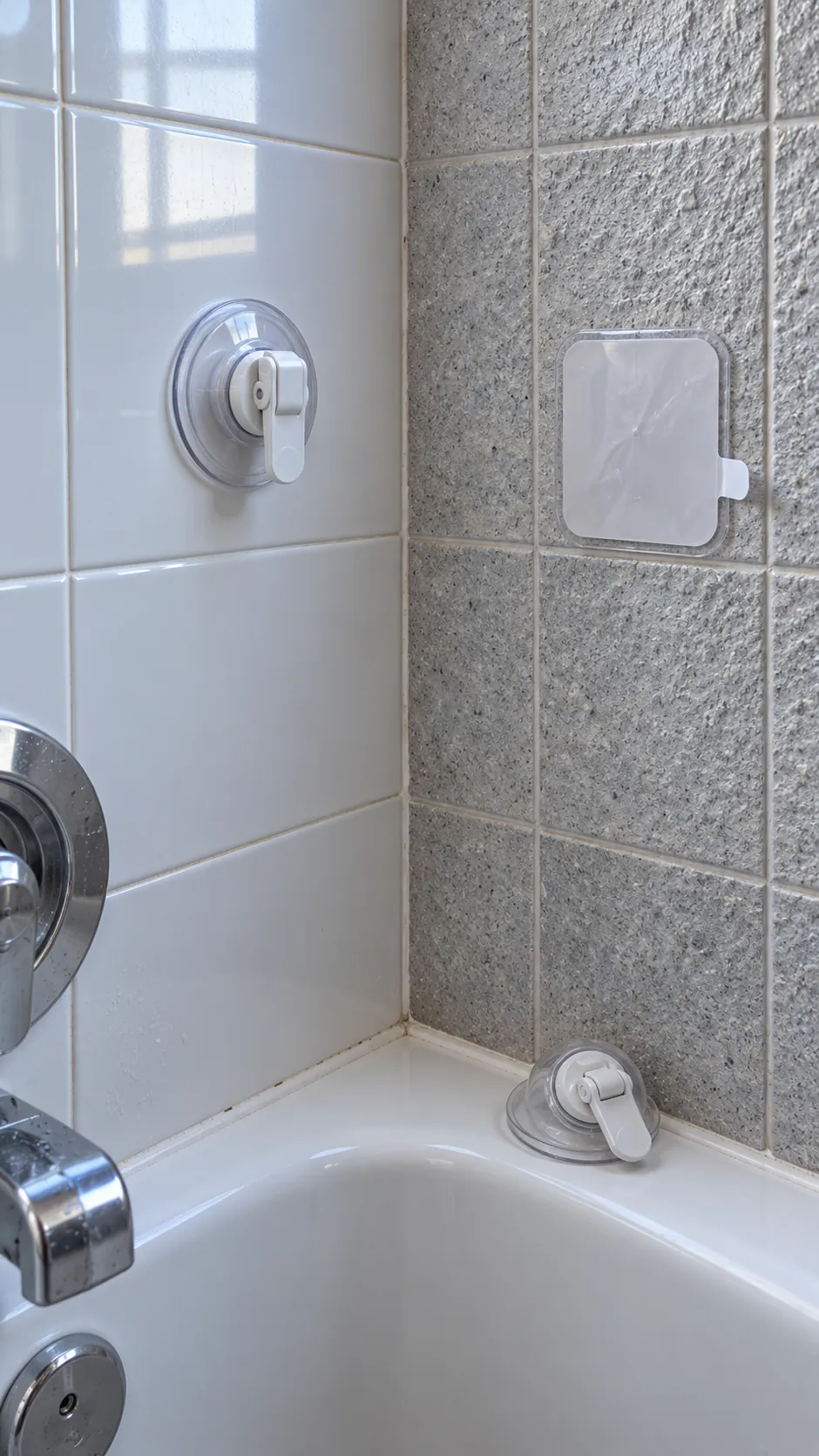 Smooth glazed tile beside textured shower tile for shelf mounting comparison