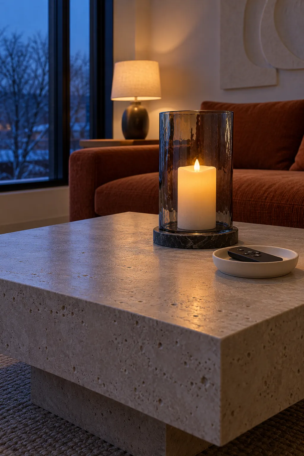 Safe enclosed candle glowing on a winter coffee table beside a small ceramic dish