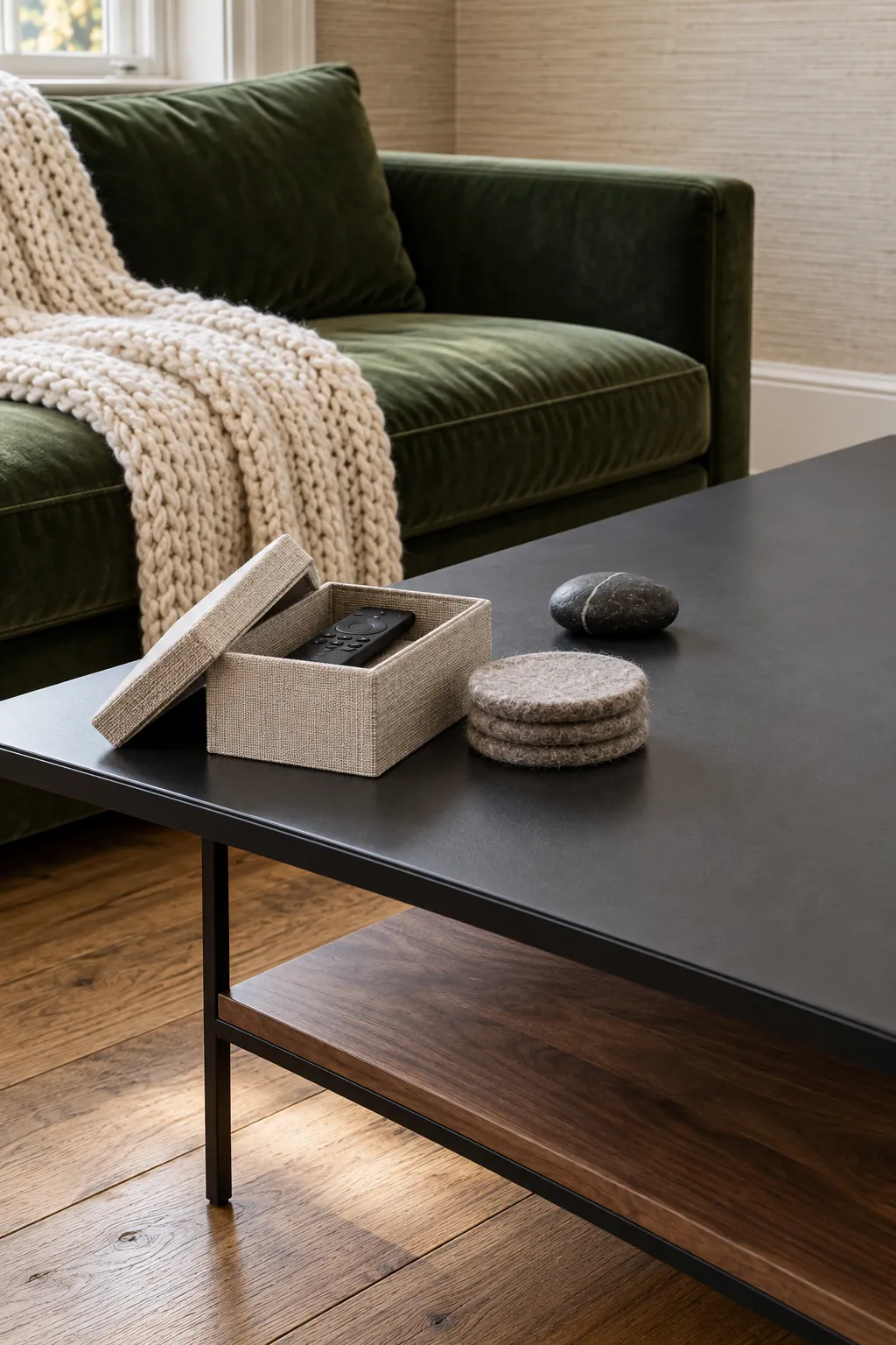 Linen remote box and wool coasters adding soft texture to a modern winter coffee table