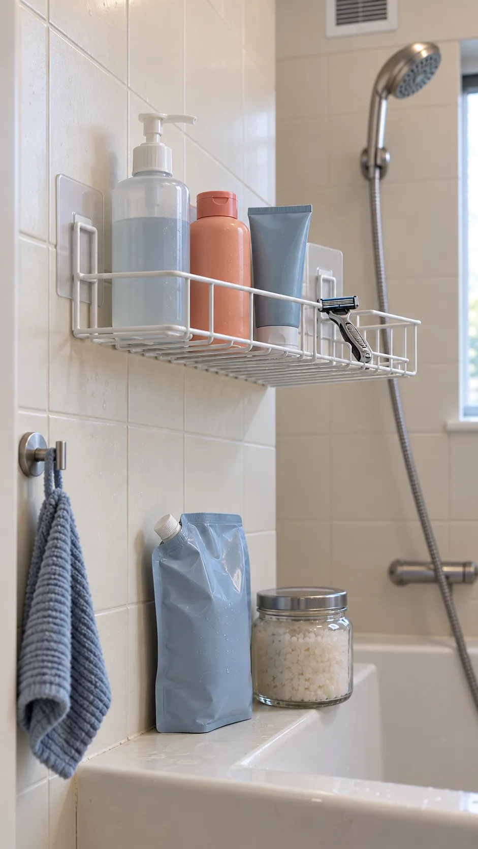 Bathroom shelf with a light practical load of shower bottles