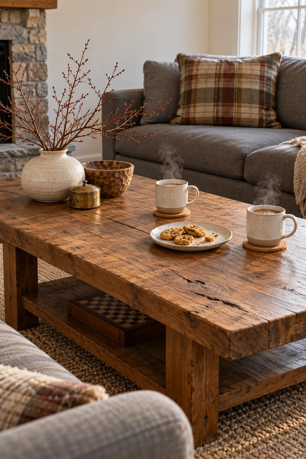 Practical winter coffee table arrangement with clear space for drinks and daily use