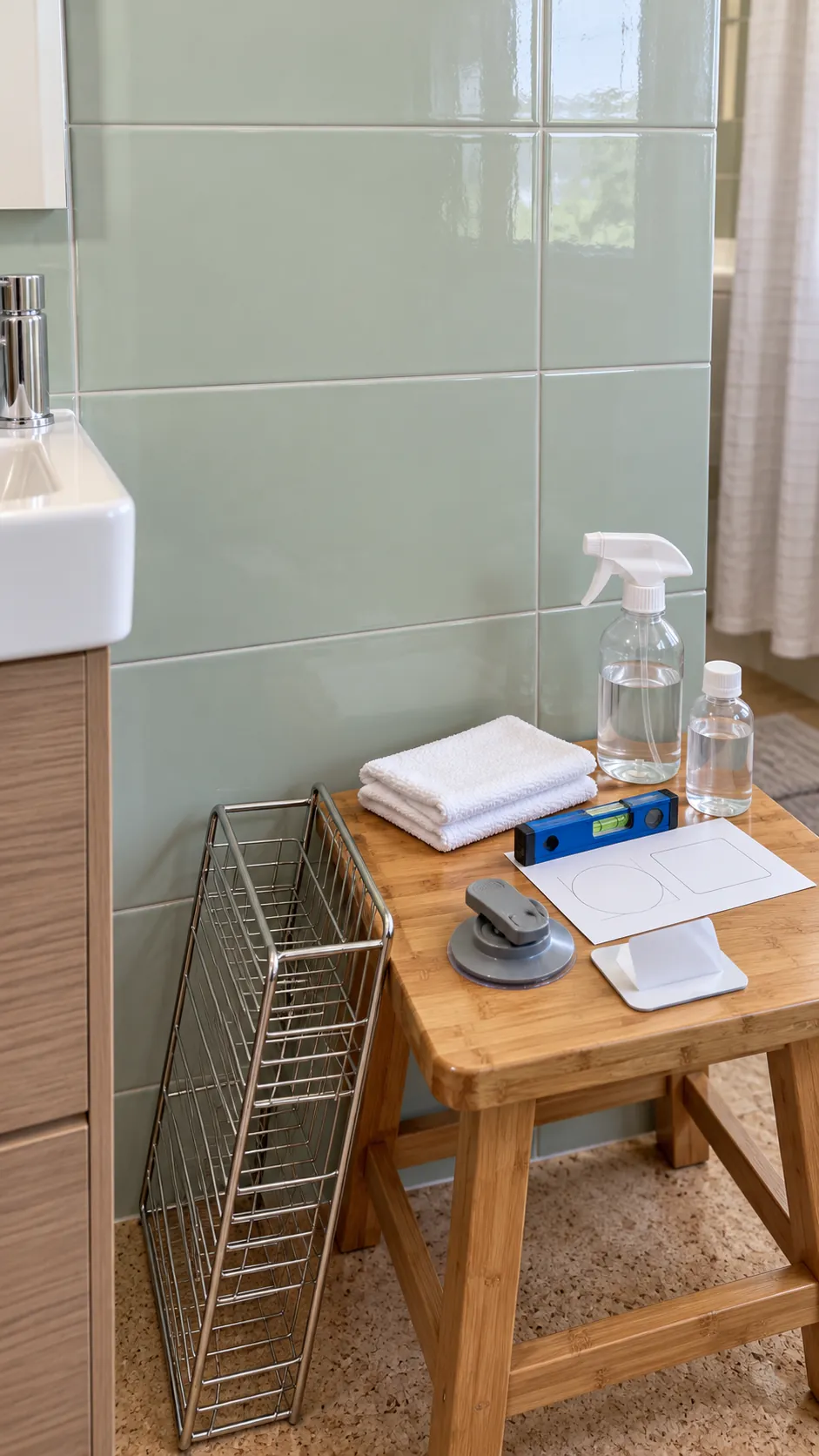 Clean dry bathroom tile prepared for a no drill shelf mount
