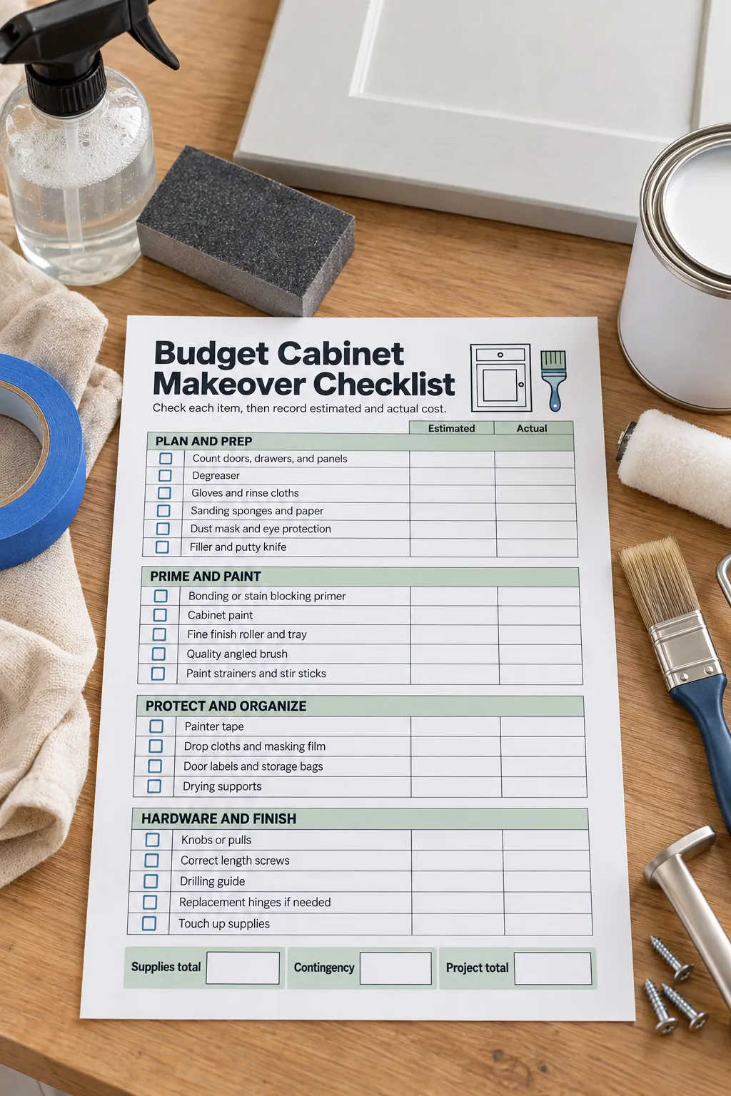 Kitchen cabinet makeover cost checklist beside painting supplies