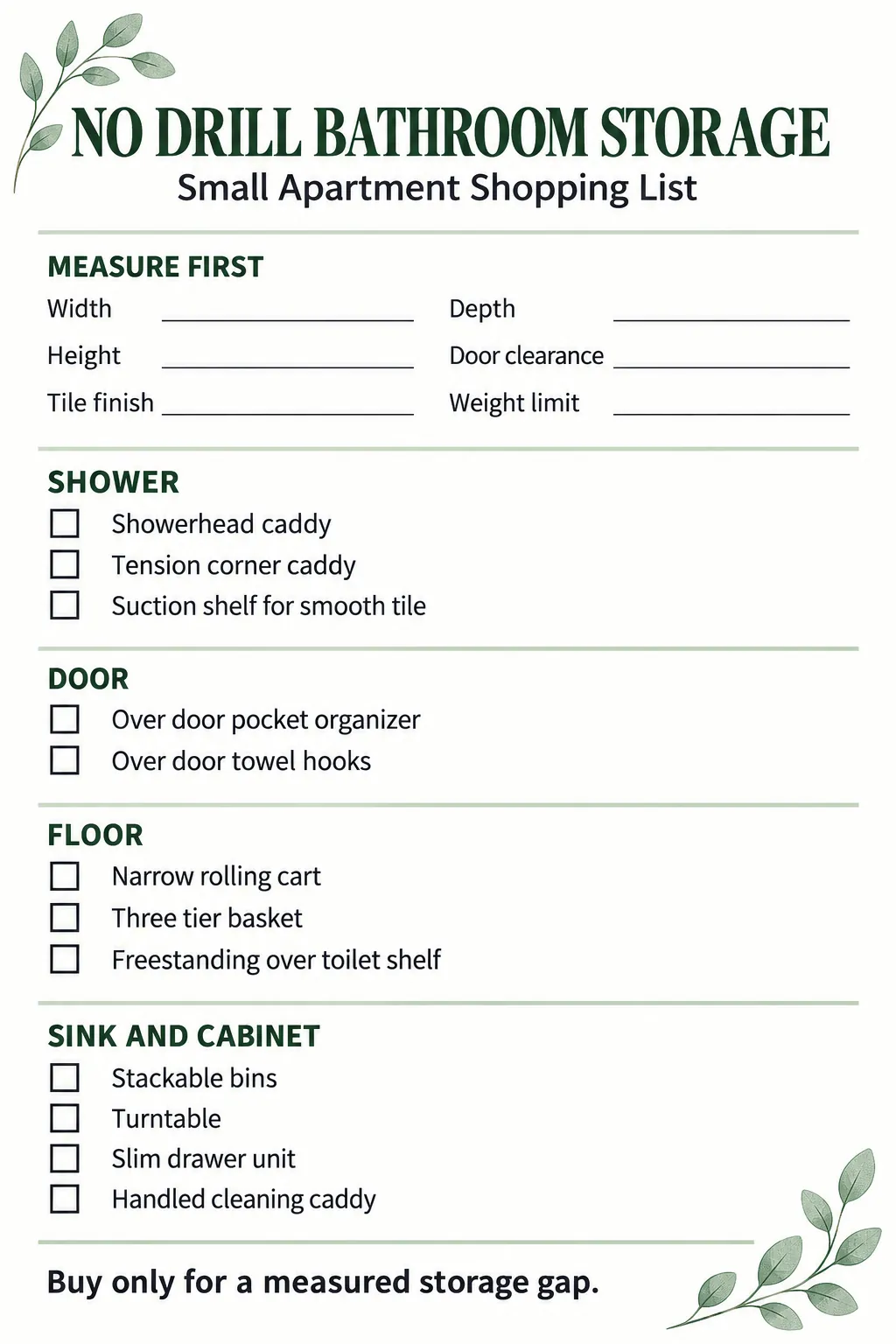 Printable no drill bathroom storage shopping list for a small apartment