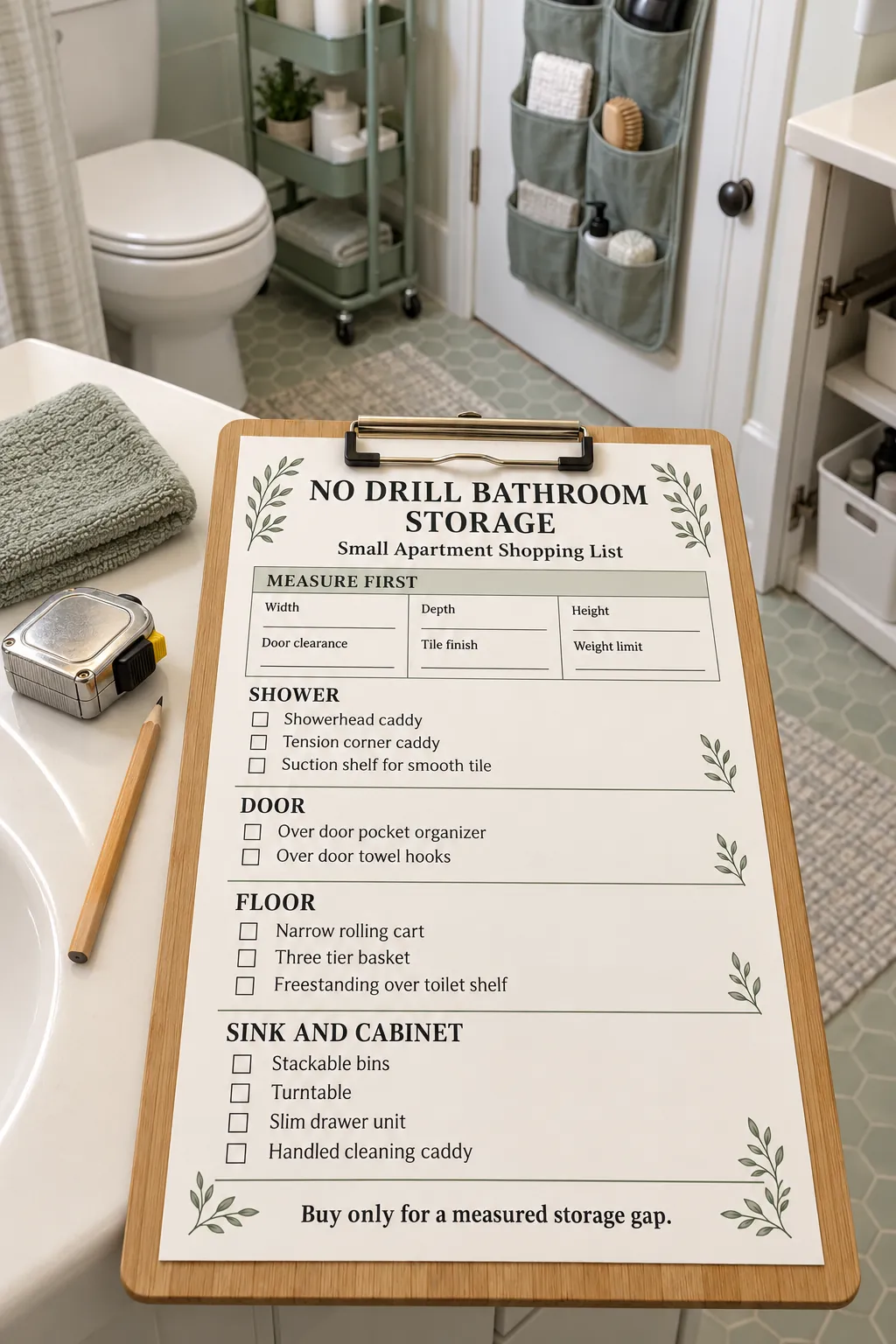 Bathroom storage shopping list on a clipboard in a small apartment bathroom