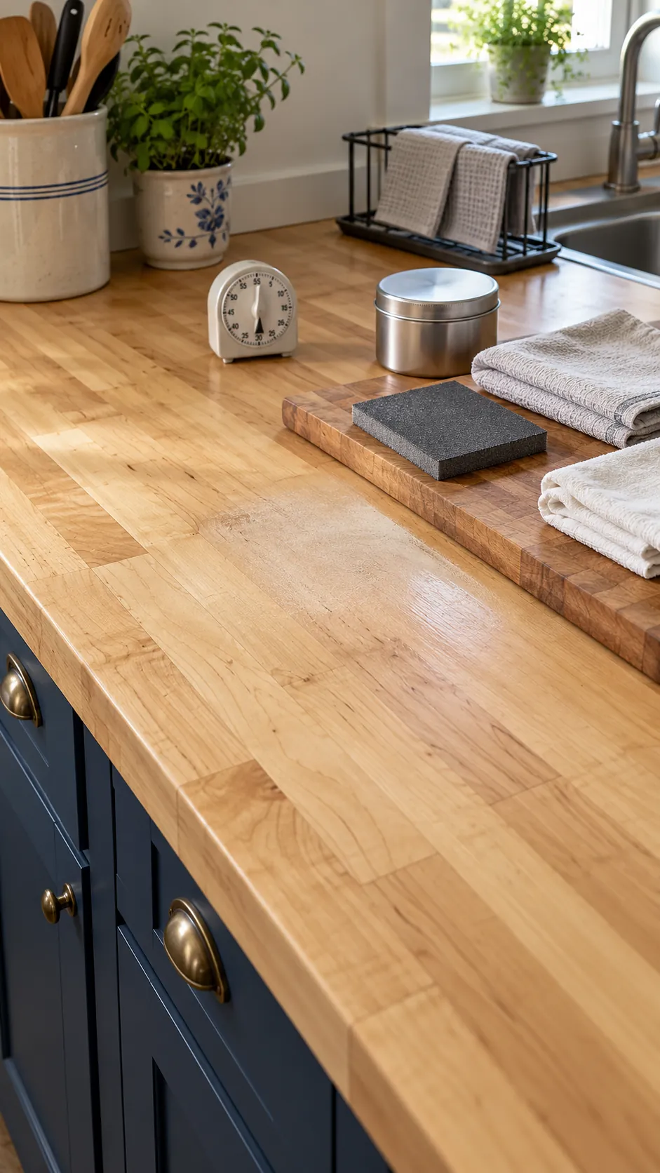 Butcher block countertop maintenance with approved finish and clean cloths