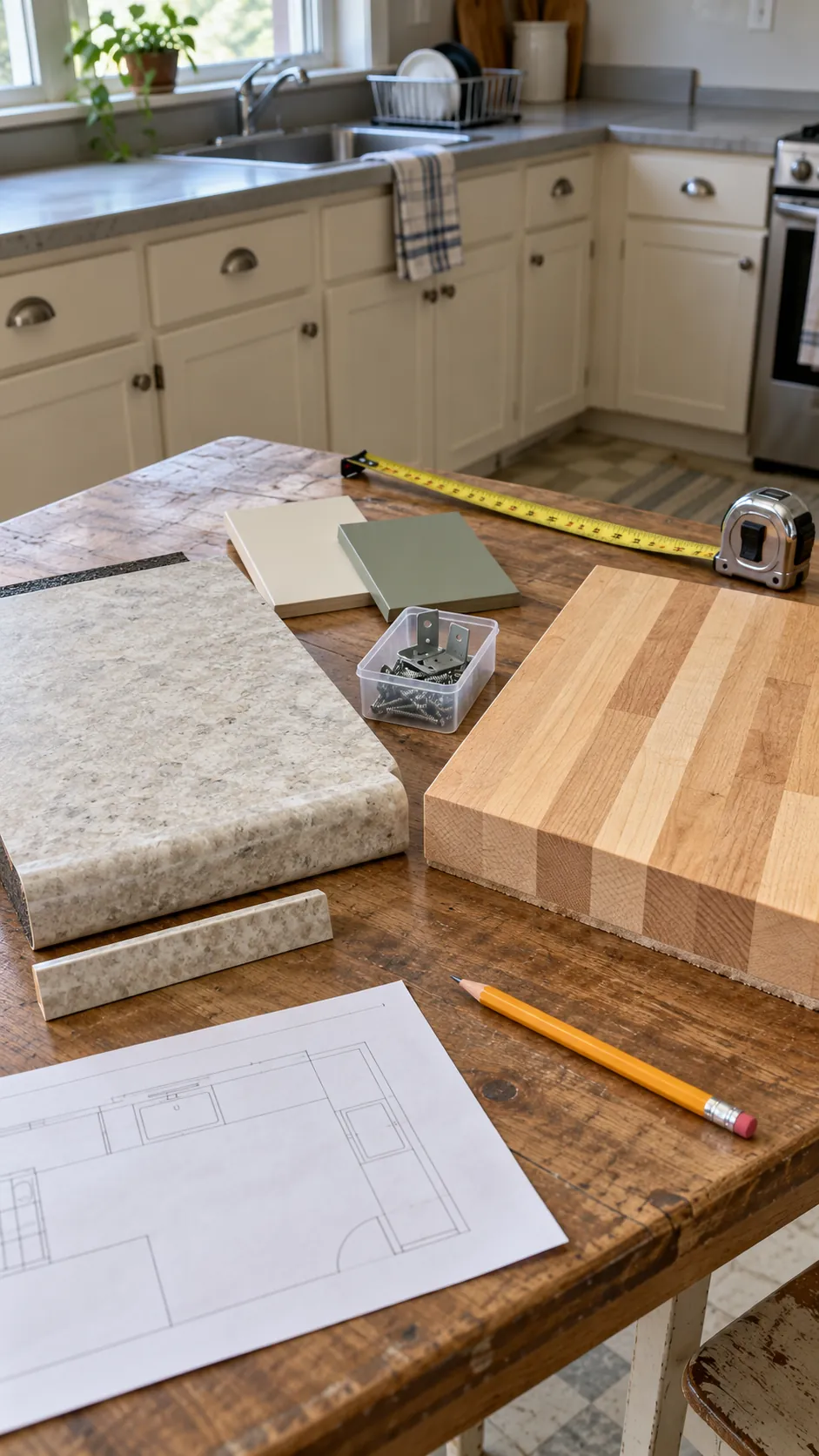 Laminate and butcher block countertop samples compared in a budget kitchen
