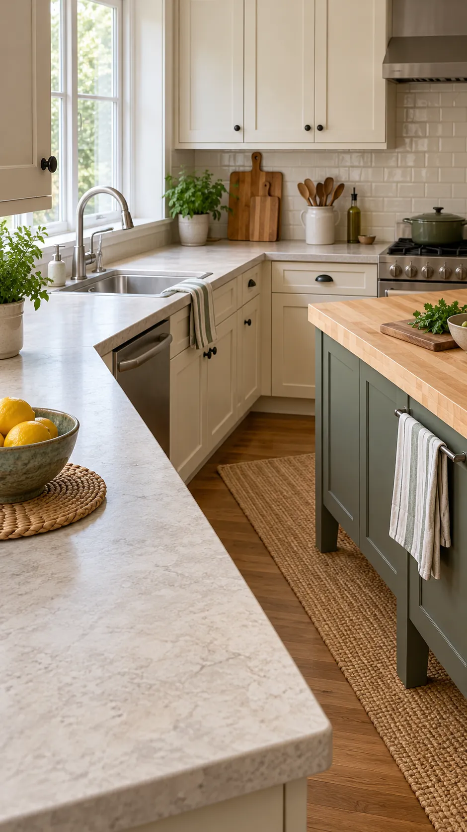 Laminate and butcher block counters compared in one budget kitchen