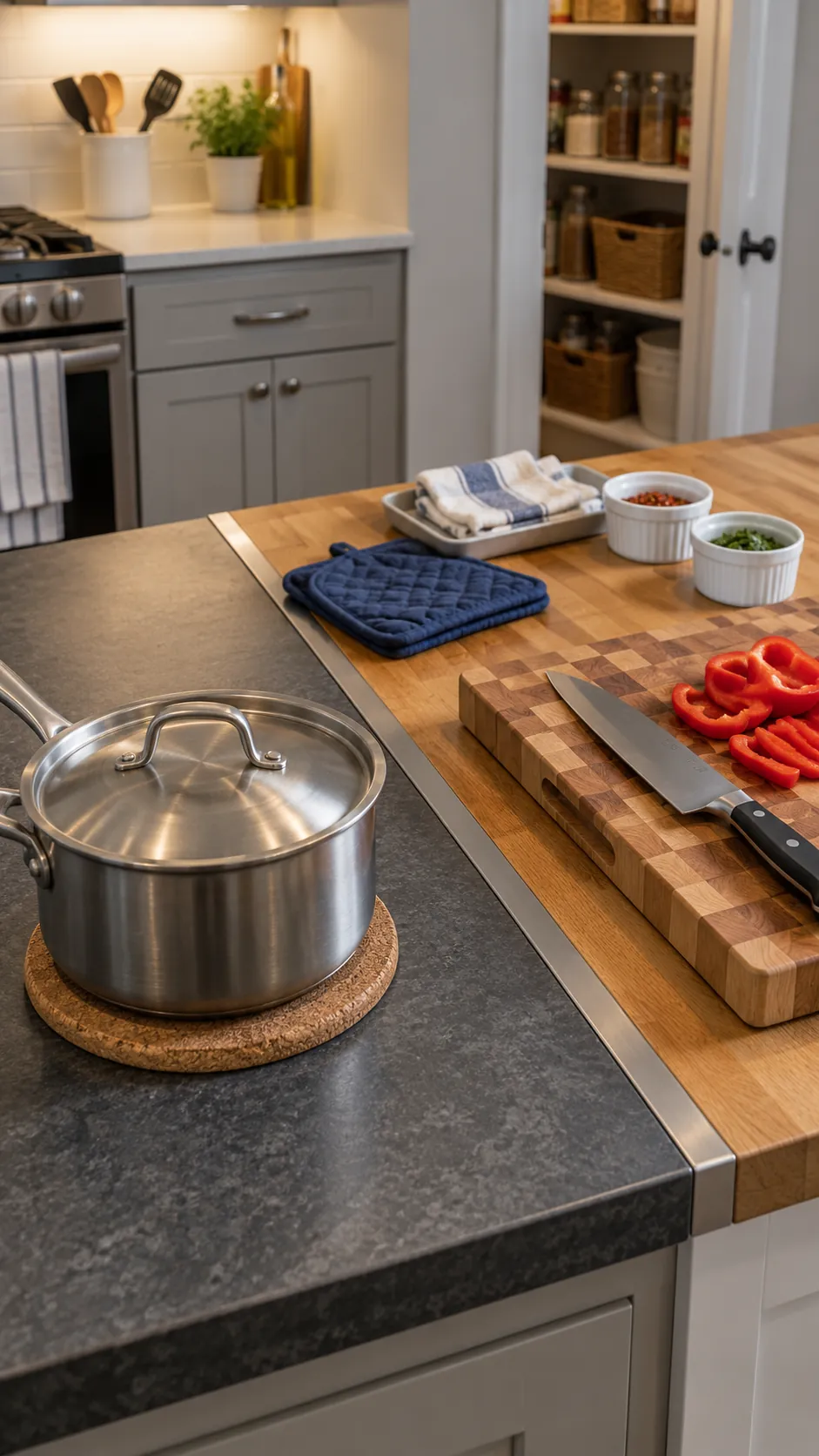 Trivets and cutting boards protecting laminate and butcher block counters