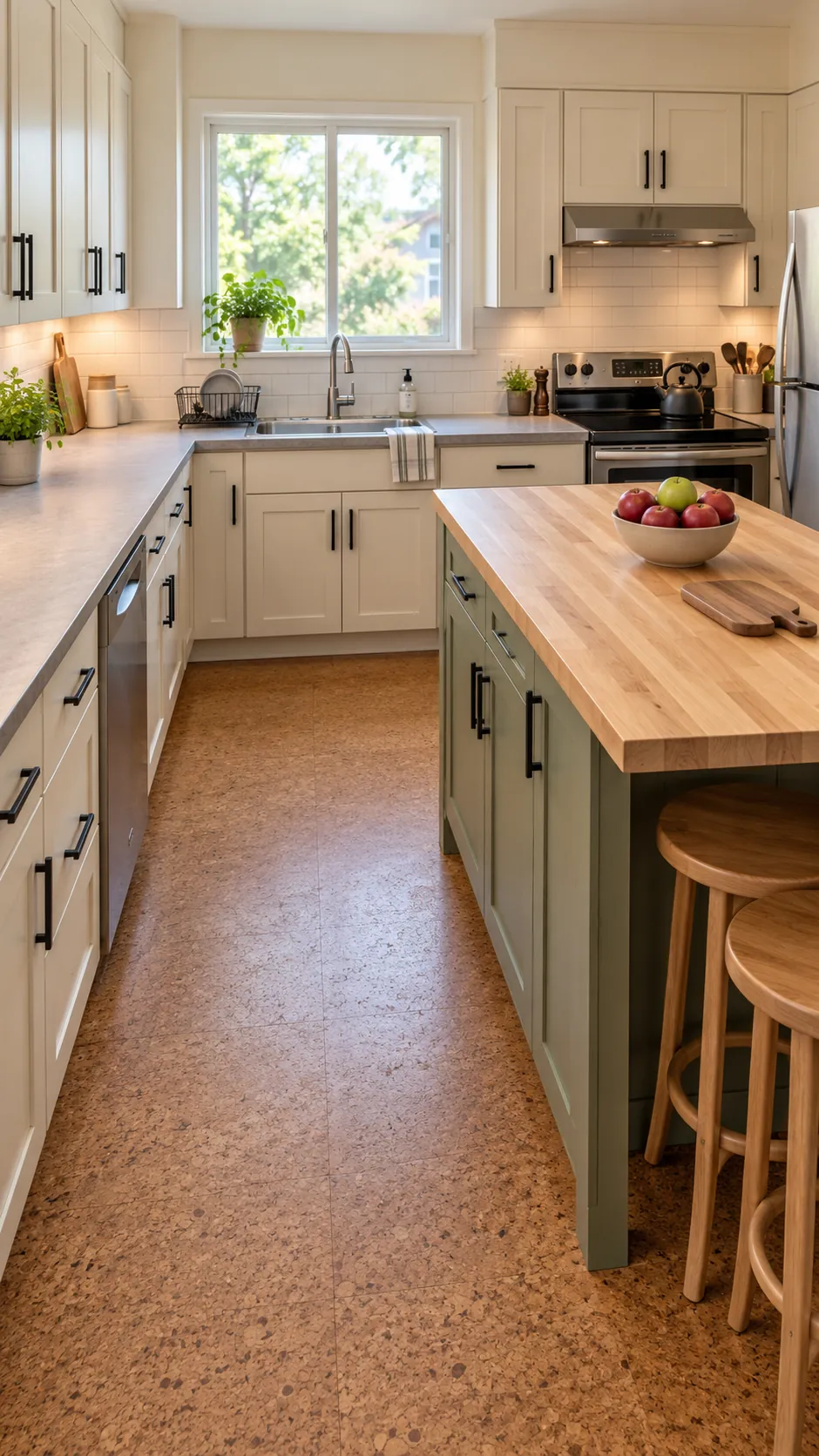 Budget kitchen using laminate near the sink and butcher block on a dry island