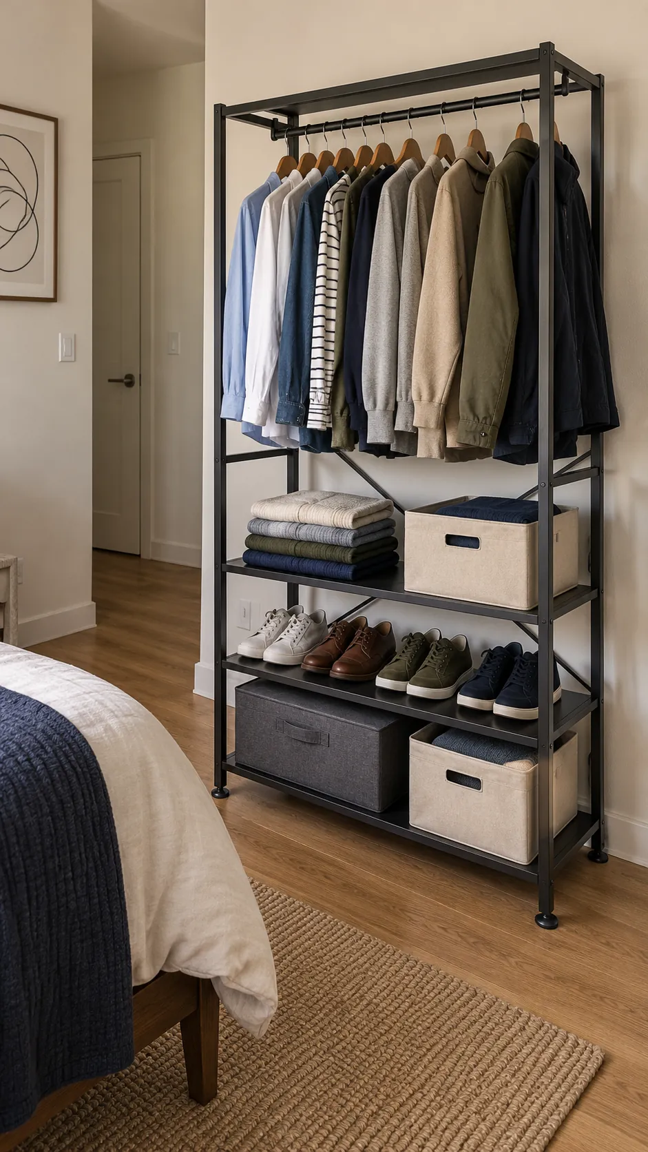 Freestanding closet system with clothes shelves shoes and bins