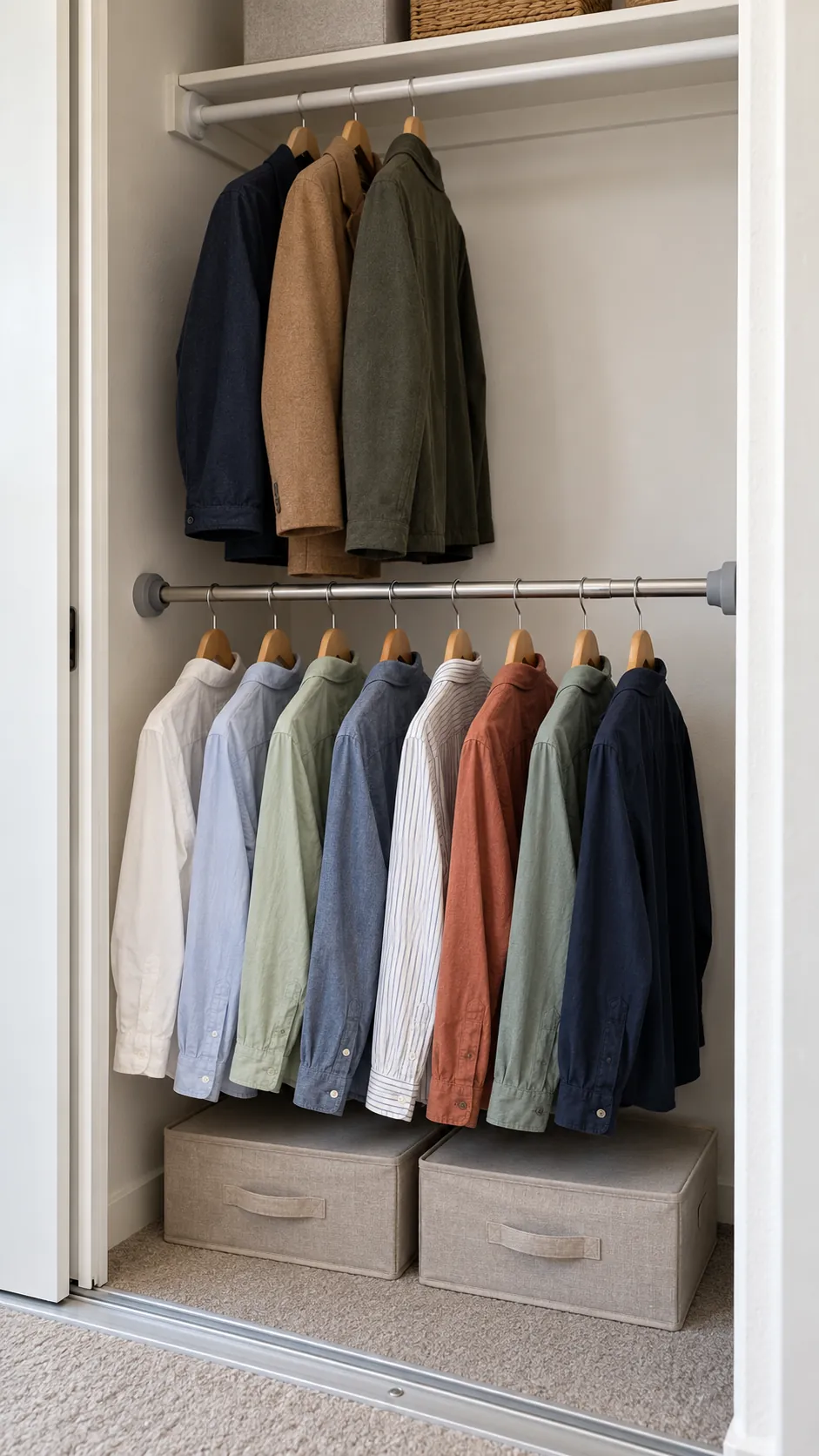 Tension closet rod holding a light row of shirts in a rental closet