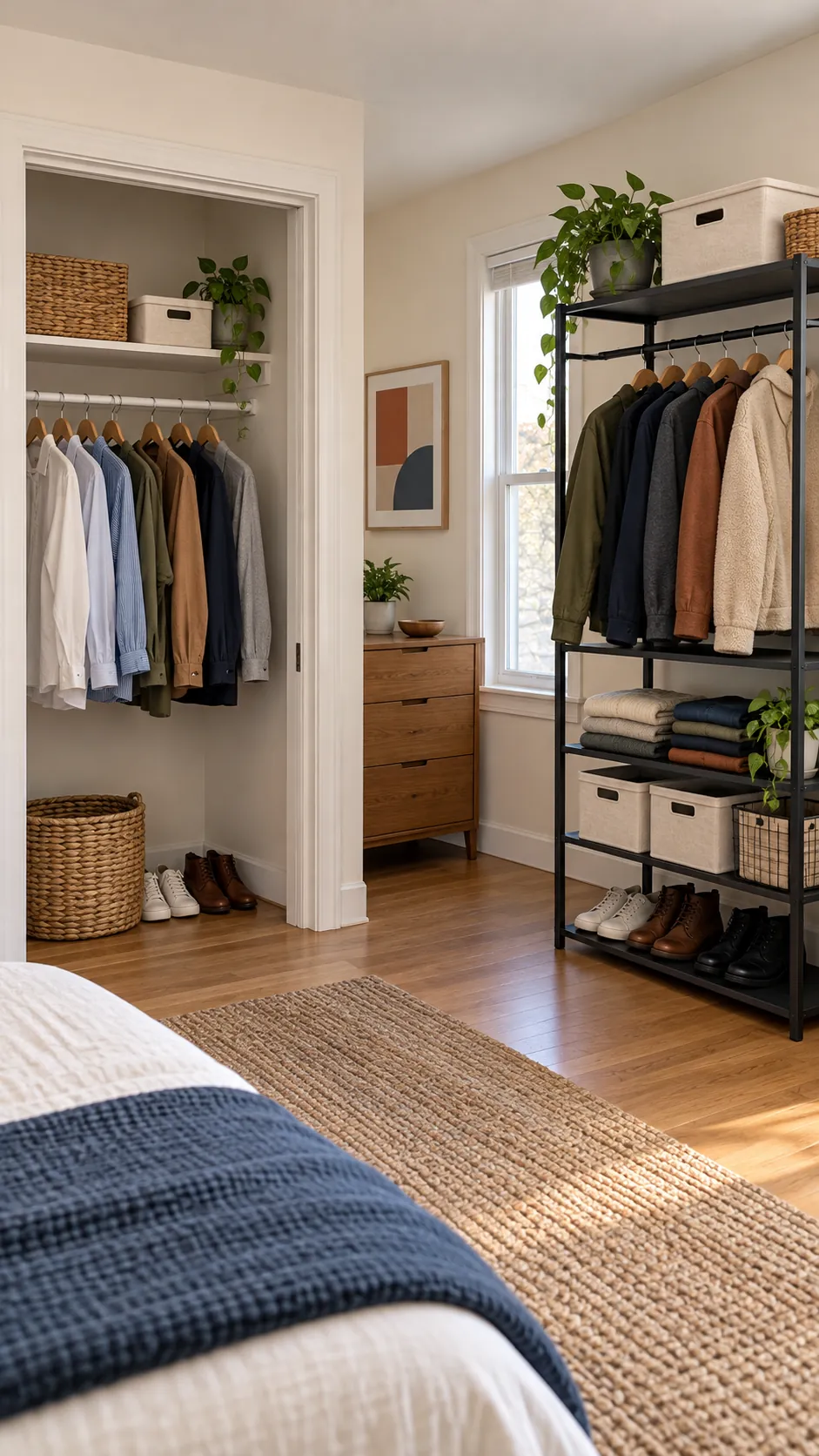Tension rod and freestanding closet systems compared in a rental bedroom