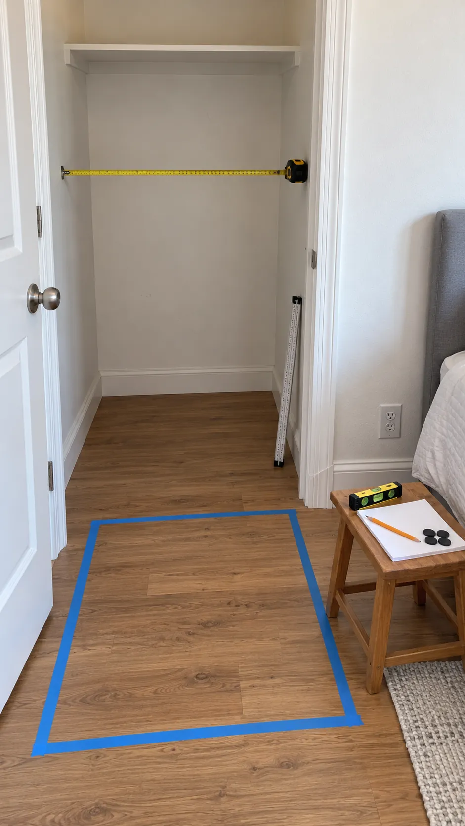 Measured closet opening and marked floor footprint for renter storage