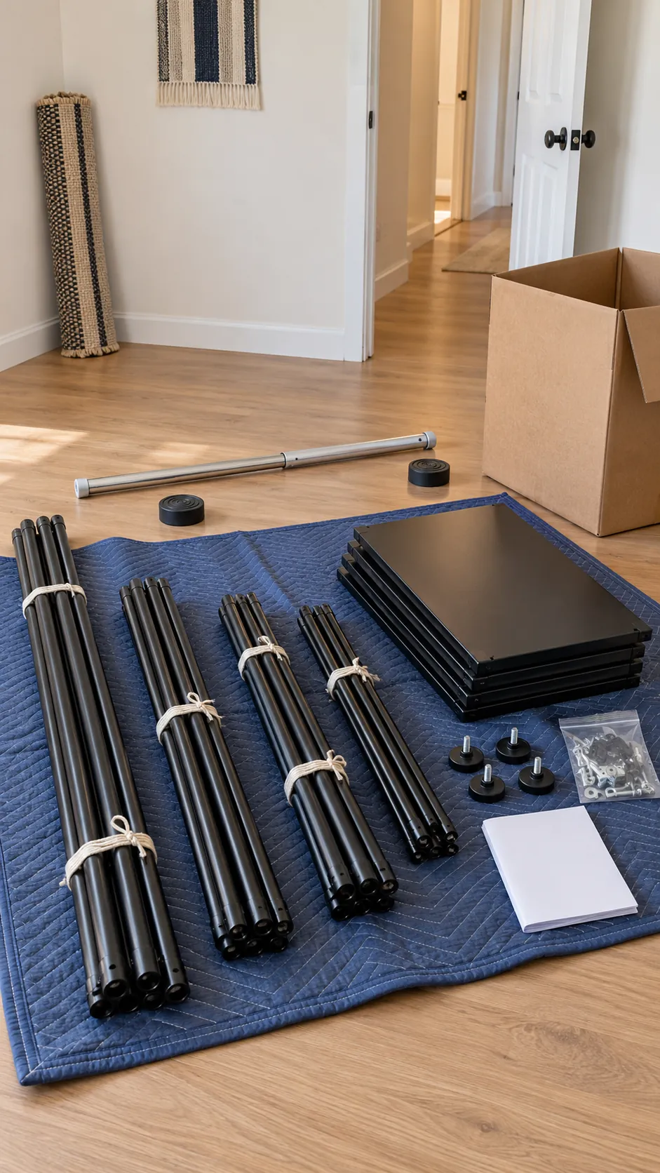 Disassembled freestanding closet and tension rod prepared for moving