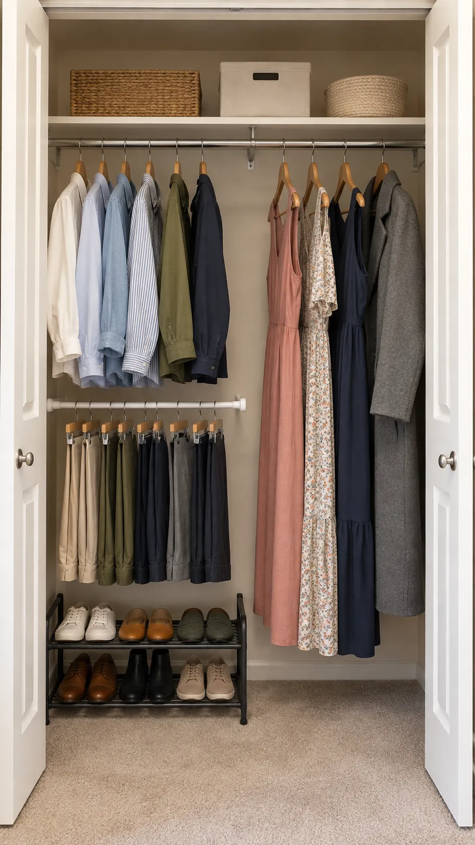 Closet organized into short and long garment hanging zones