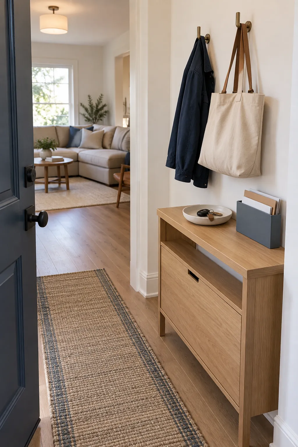 Clear entryway landing zone with a small tray and closed storage
