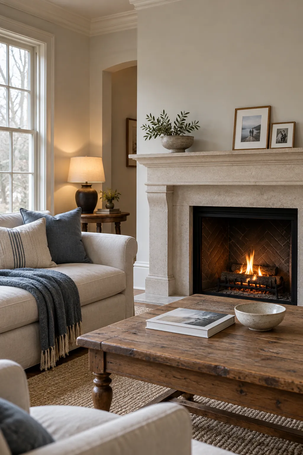 Light living room with restrained decor after a seasonal reset