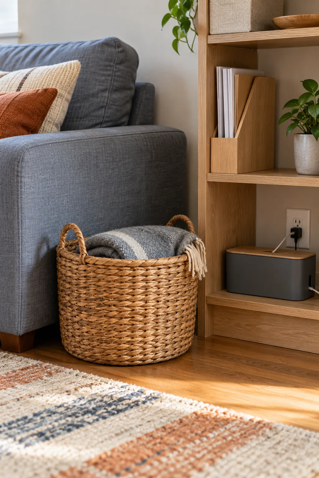 Practical living room storage basket and paper file at the point of use
