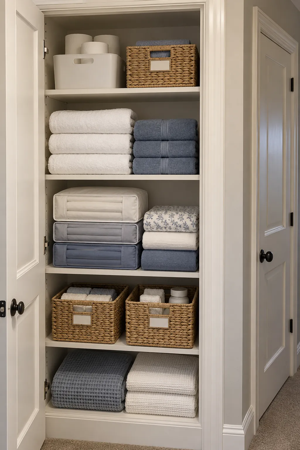 Organized linen cupboard with grouped towels and labeled baskets