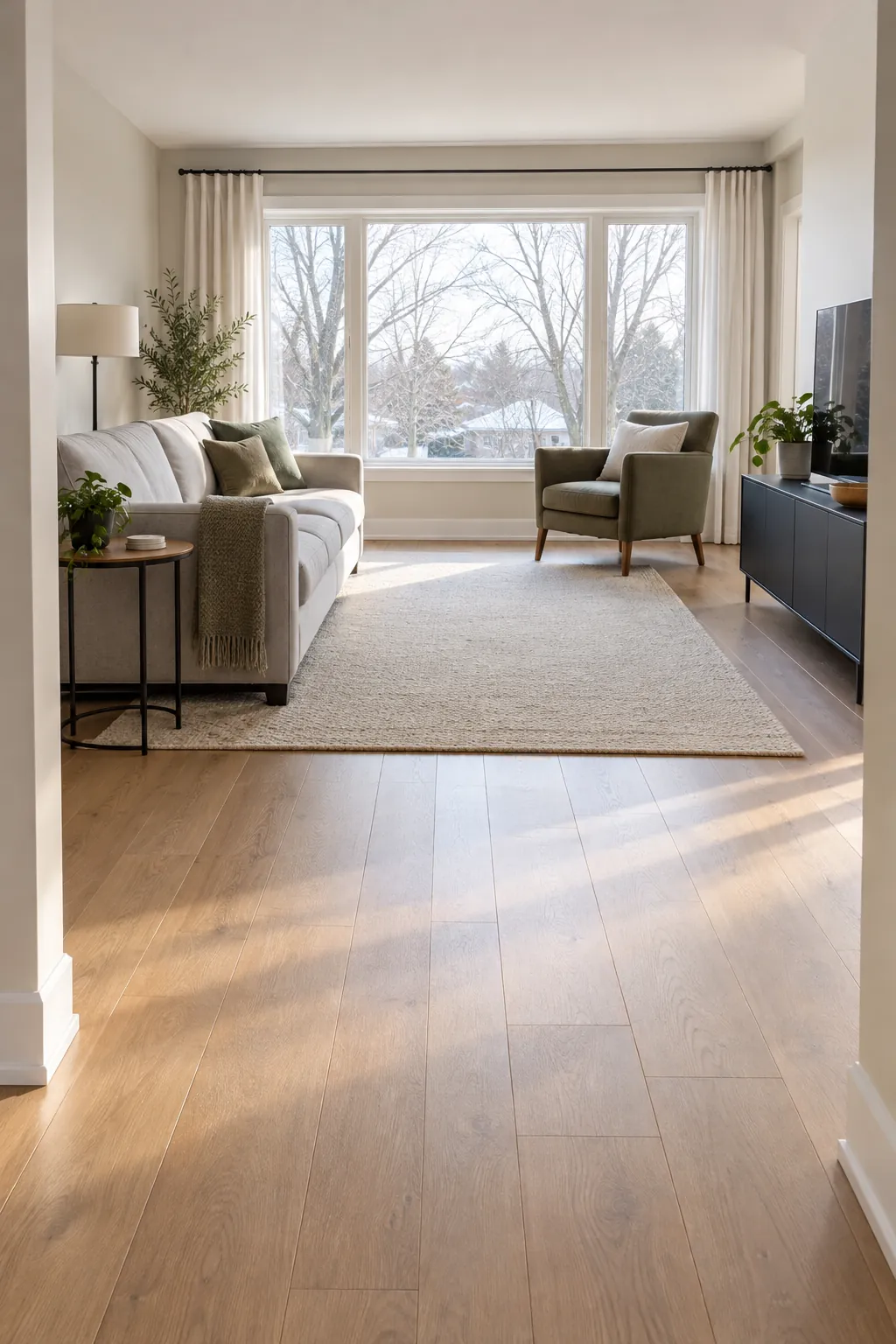 Bright living room with an open walkway and clear window line