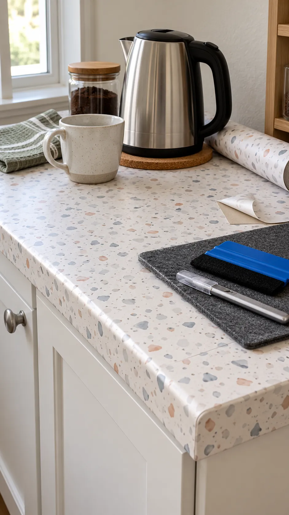 Carefully wrapped countertop contact paper around a dry kitchen edge