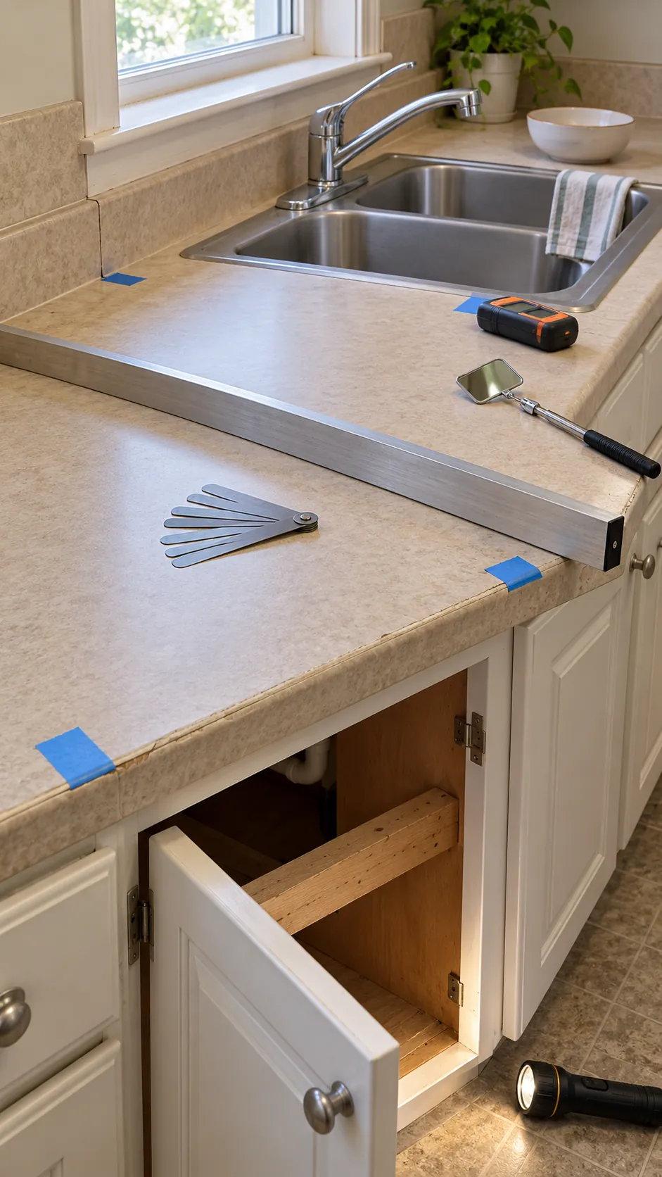 Straightedge and moisture inspection on an existing kitchen countertop