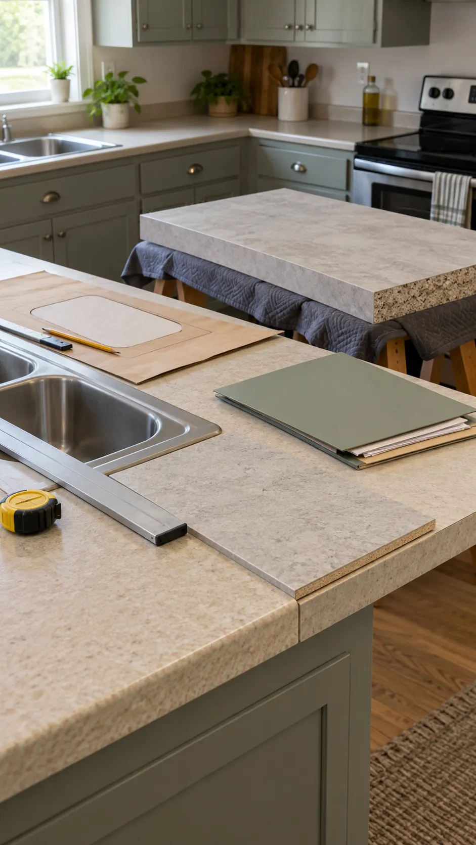 Countertop overlay materials and full replacement sample compared
