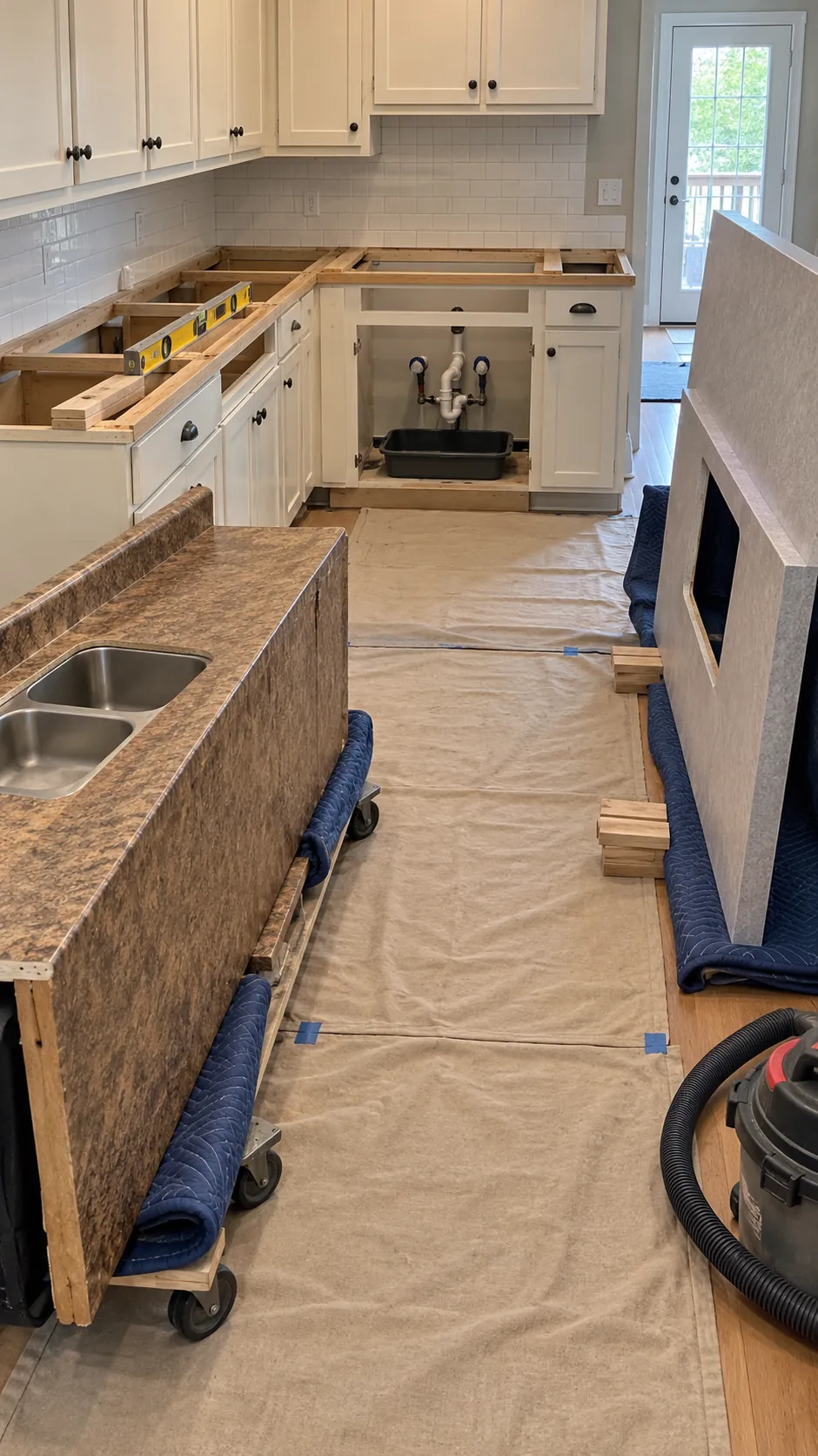 Removed countertop exposing cabinets before full replacement