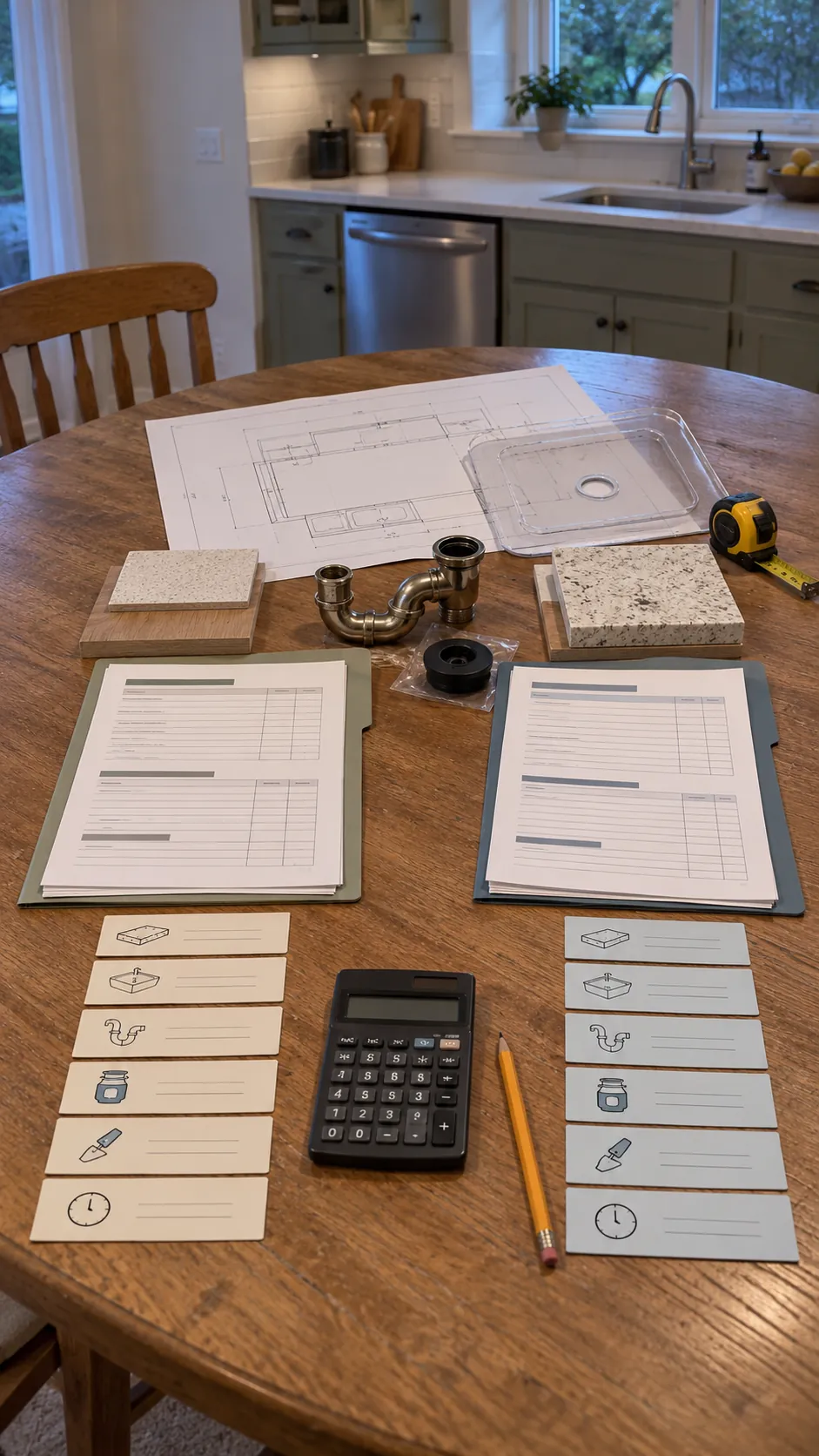 Two complete countertop project estimates compared beside a kitchen plan
