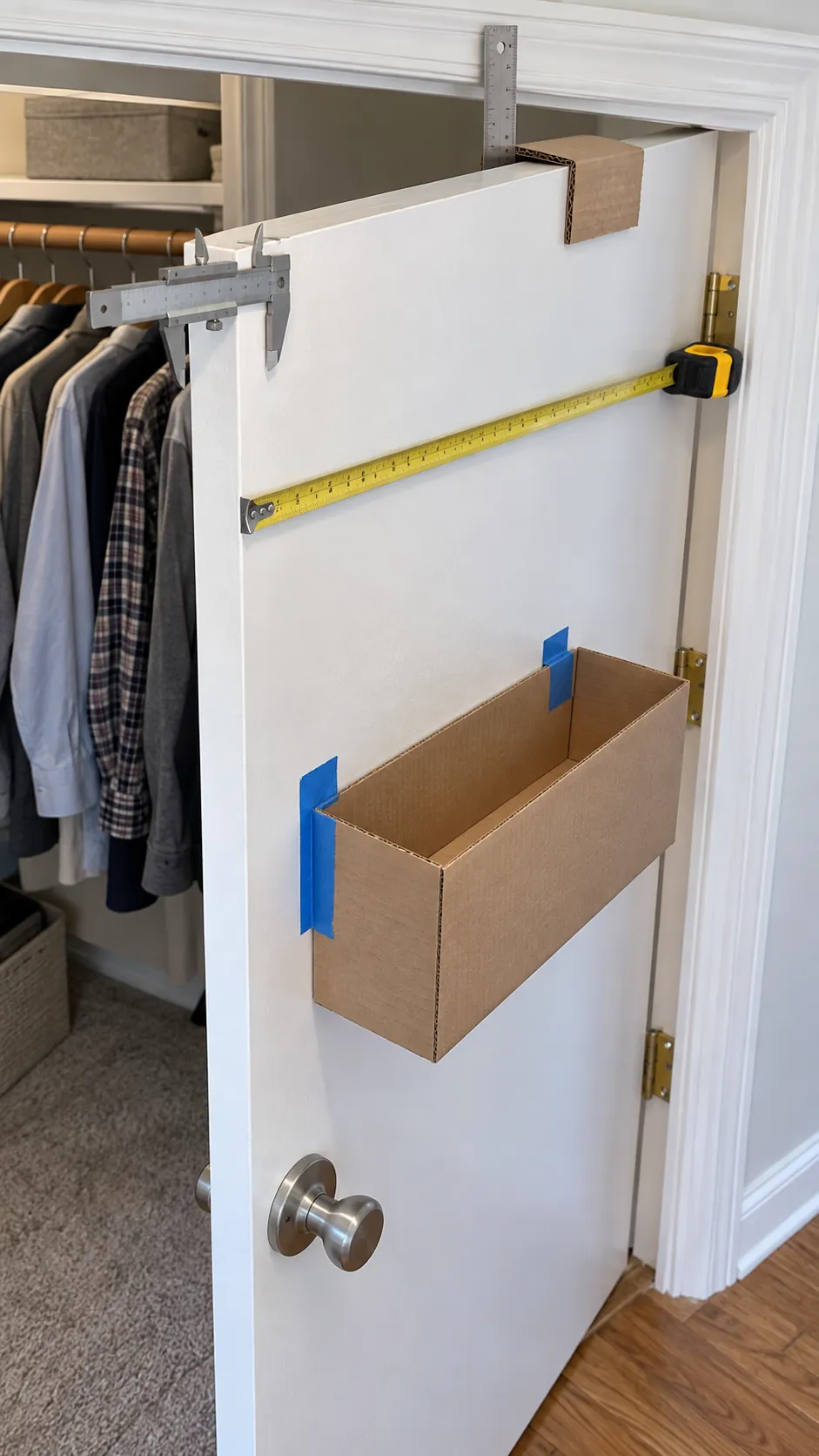 Closet door thickness and top clearance measured for an organizer