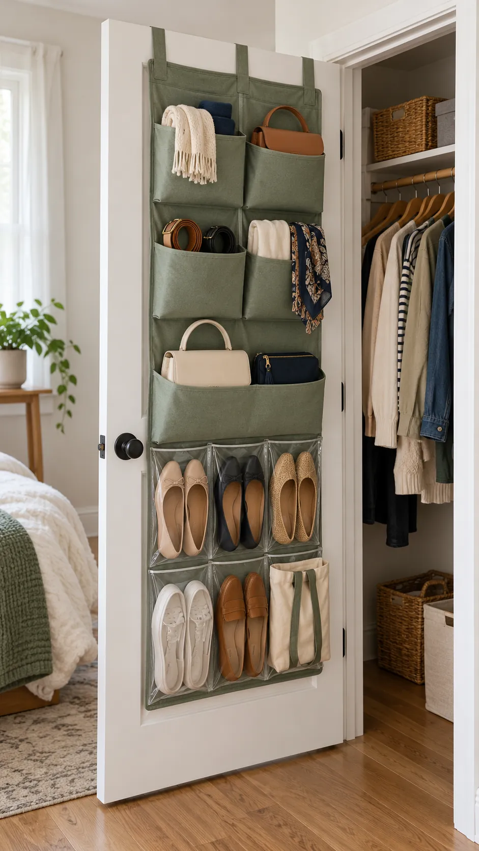 Over the door organizers adding storage to a tiny apartment closet