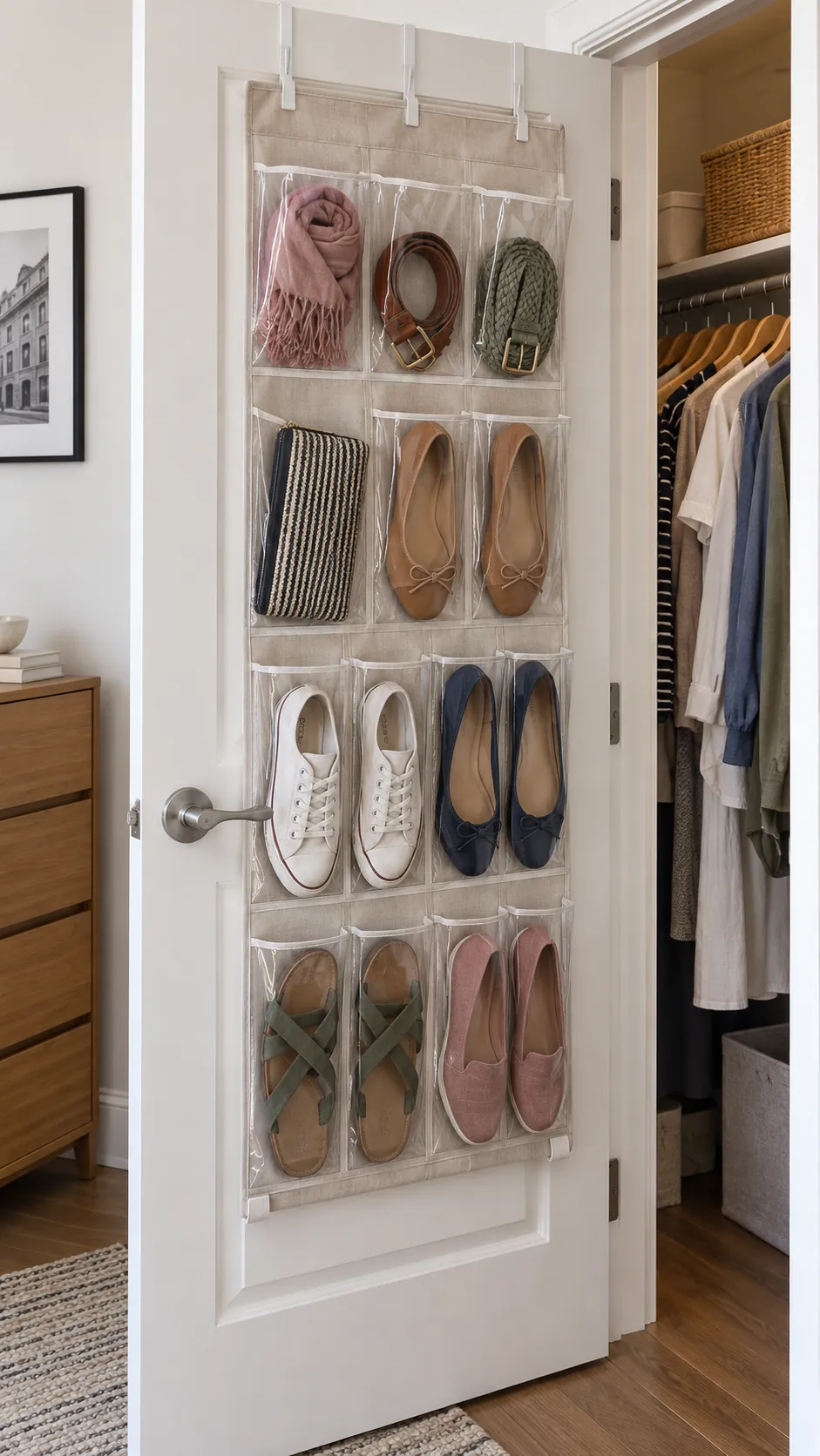 Clear pocket organizer holding shoes on a tiny closet door