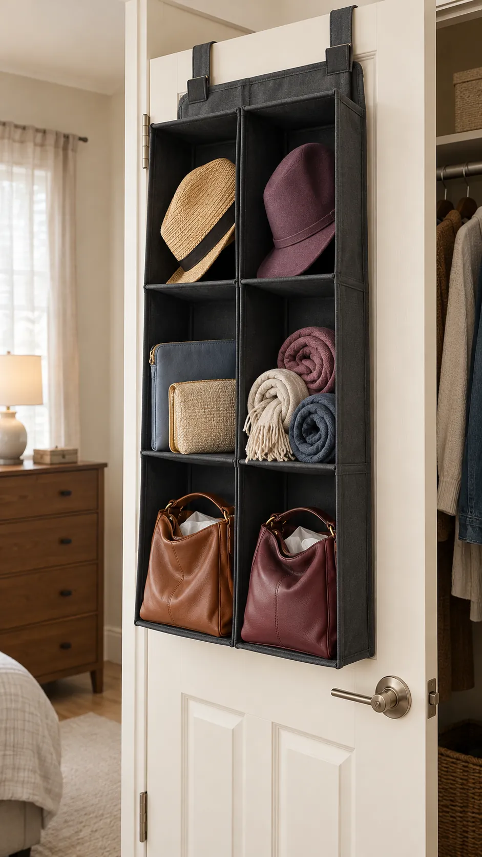 Structured fabric organizer storing handbags behind a closet door