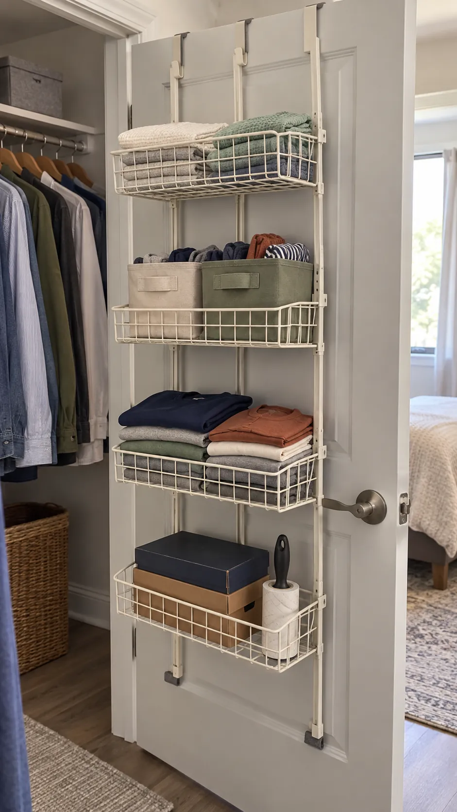 Shallow metal basket rack on the back of a closet door