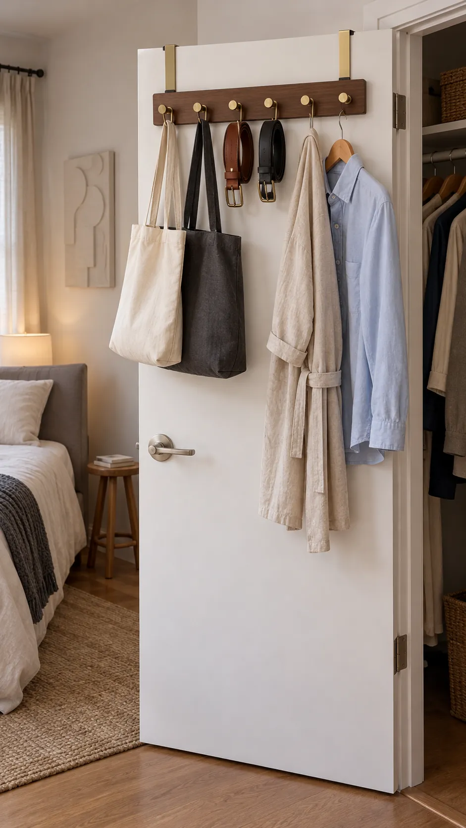 Slim over door hook rail holding belts and light tote bags