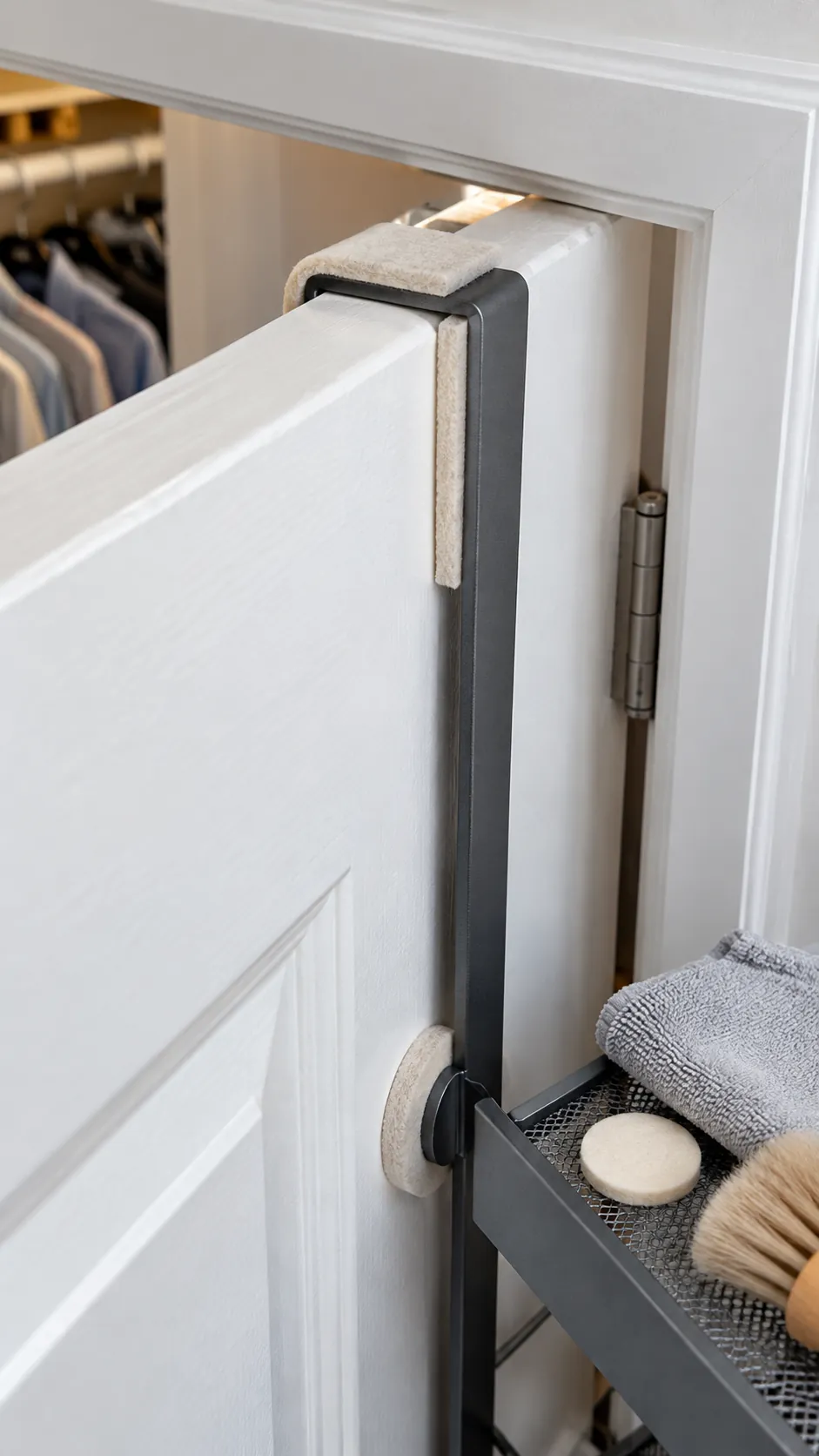 Protective pads cushioning an over door organizer on painted wood