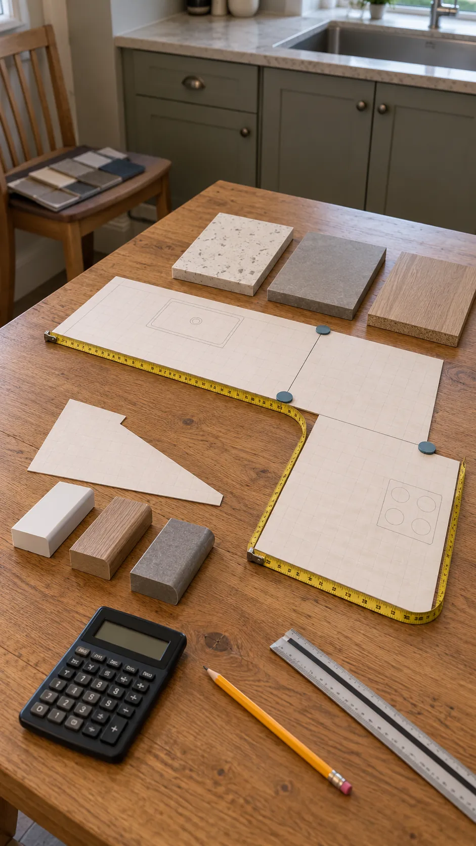 Countertop area and finished edge lengths calculated from a kitchen plan